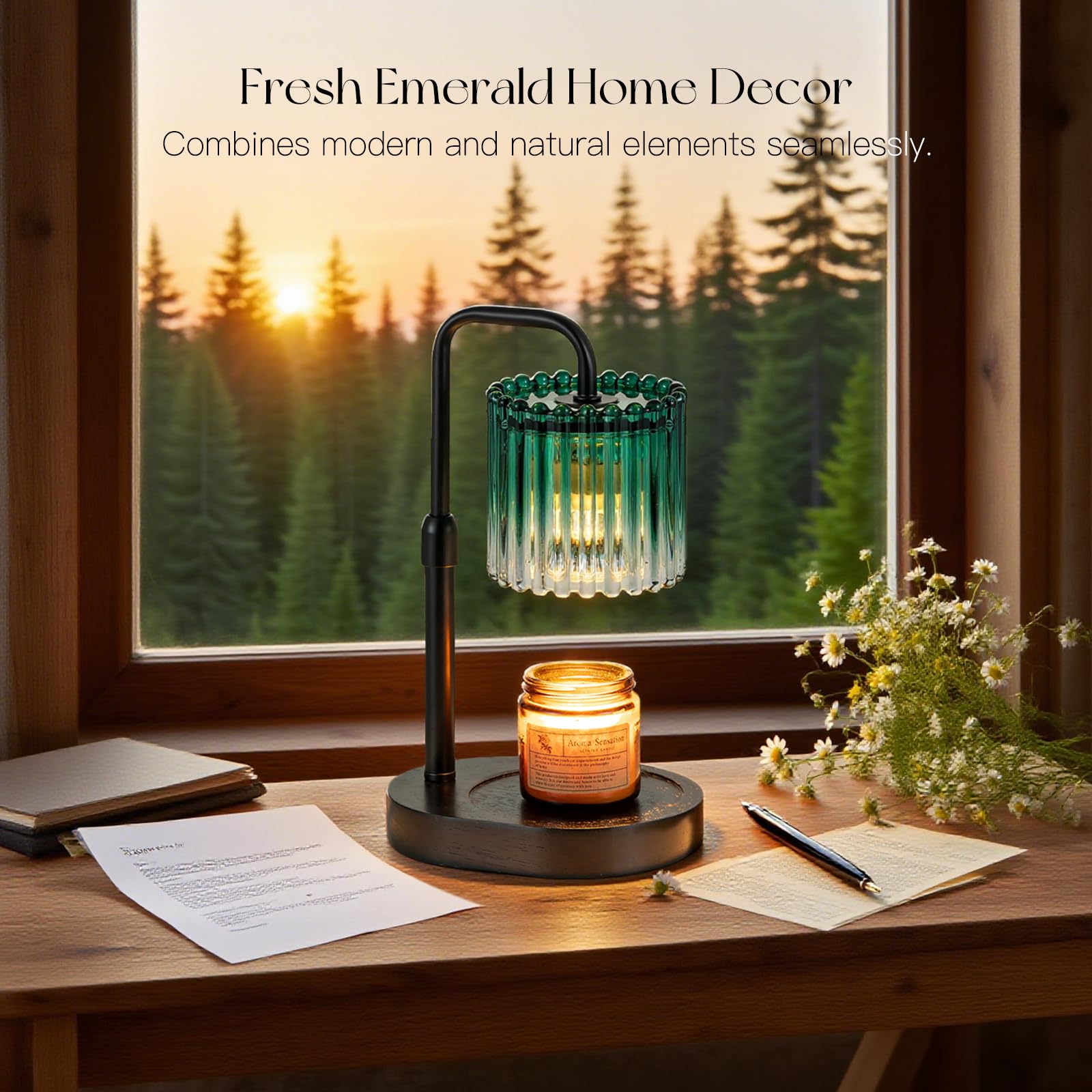 Candeldo Candle Warmer Lamp with Timer: Emerald Green Candle Warming Lamp with 2 Bulbs Height Adjustable Wax Melt Dimmable Bedro