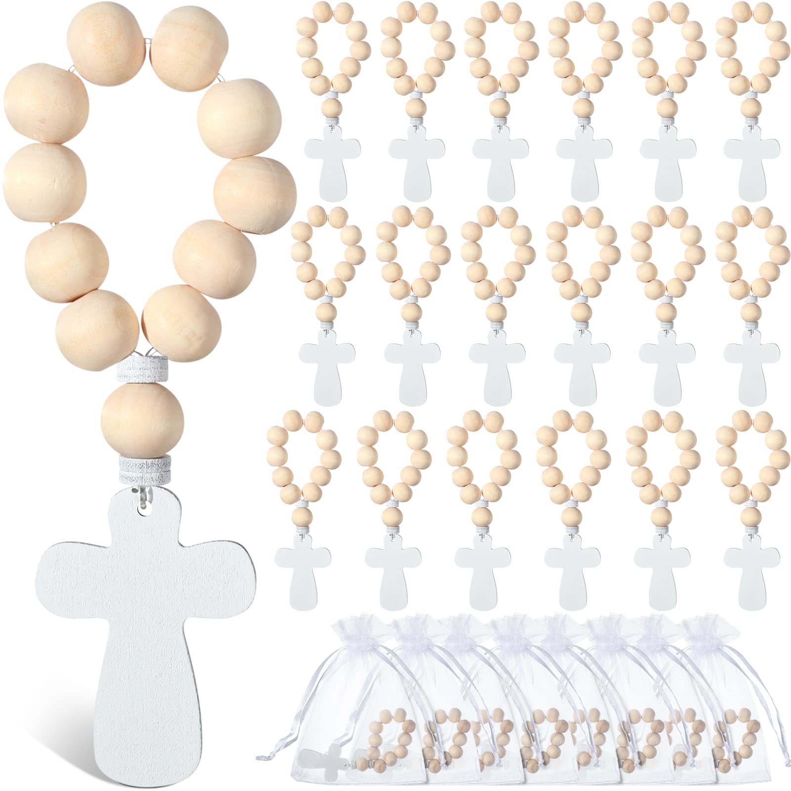 Deekin 60 Pcs Wooden Rosary with White Mesh Bags Wood Bulk Catholic Rosary Beads with Crucifix White Wooden Cross Pendant for Ba