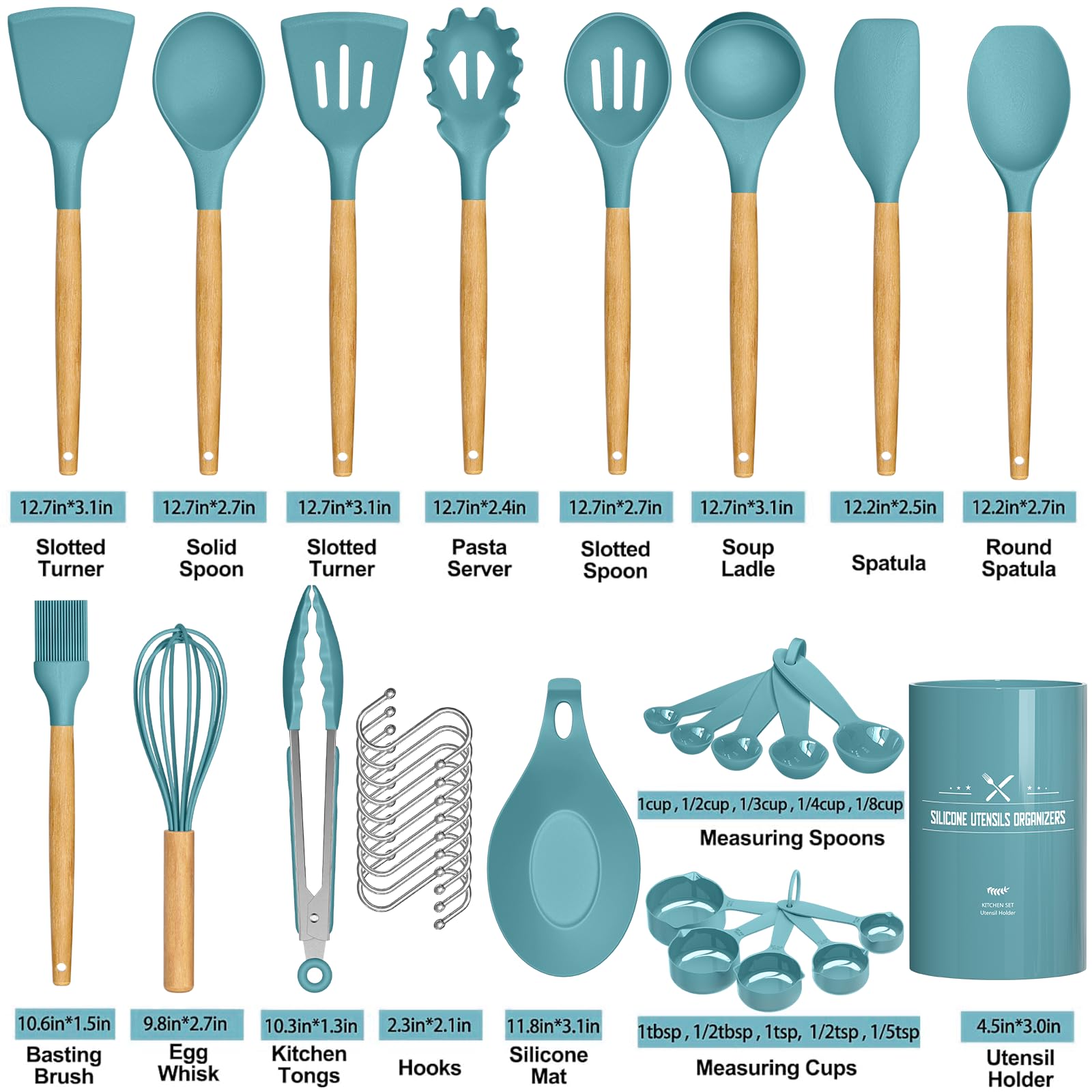 Umite Chef Kitchen Utensils Set, Non-Stick Silicone Kitchen Utensils, Spatula Set With Holder, Wooden Handle, Heat Resistant Sil