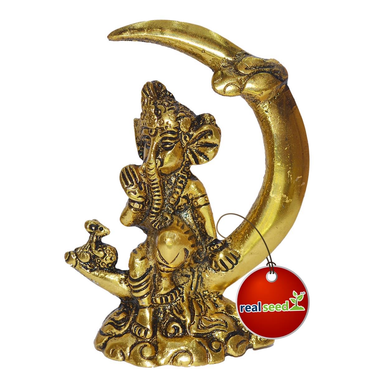 Real Seed Brass Ganesha Statue, Ganesh Sitting On Moon Sculpture | Size- Height- 11.3 Cms X Width- 9.3 Cms
