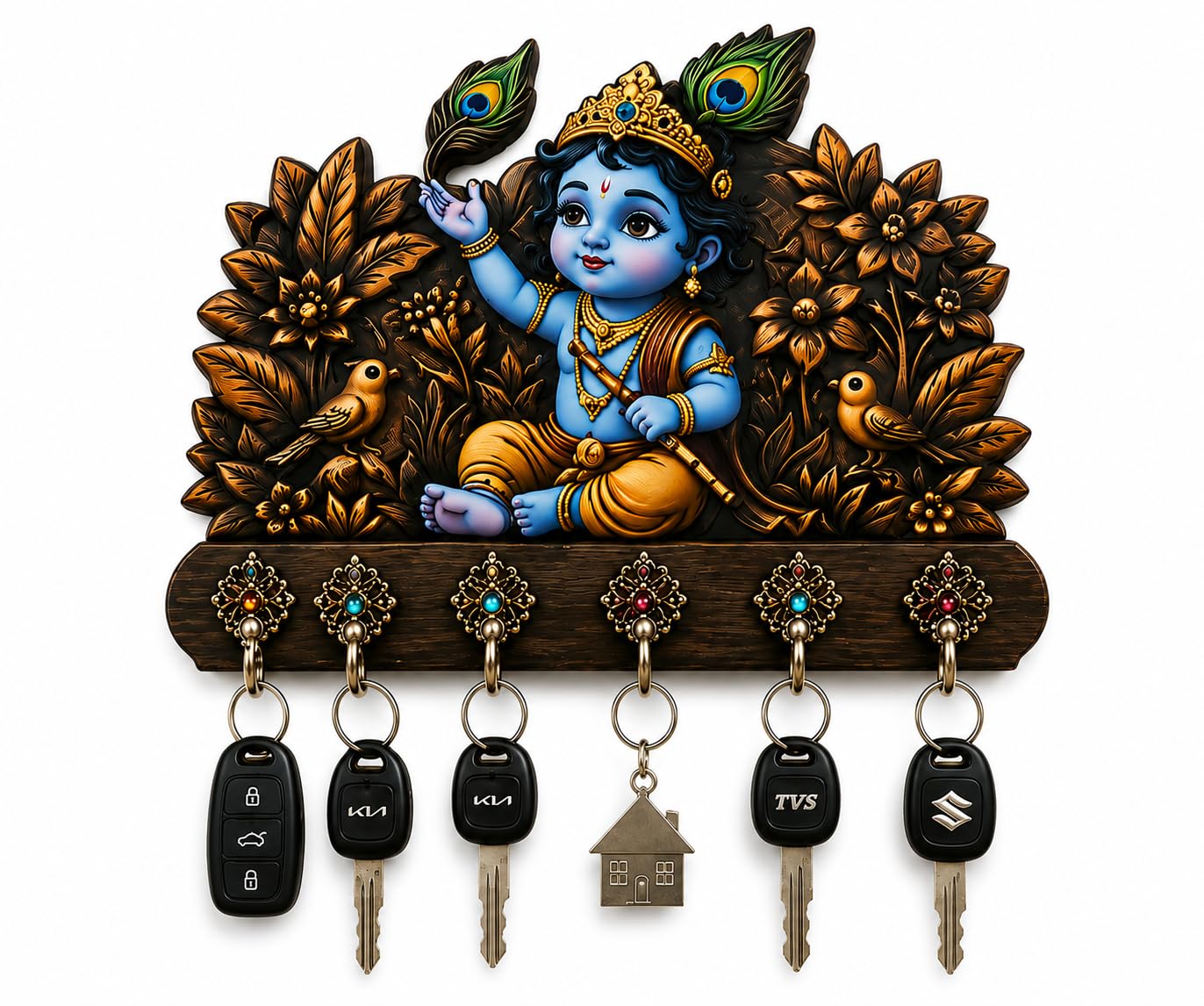 Bal Krishna Wooden Key Holder With 6 Hooks Wall Mount Organizer