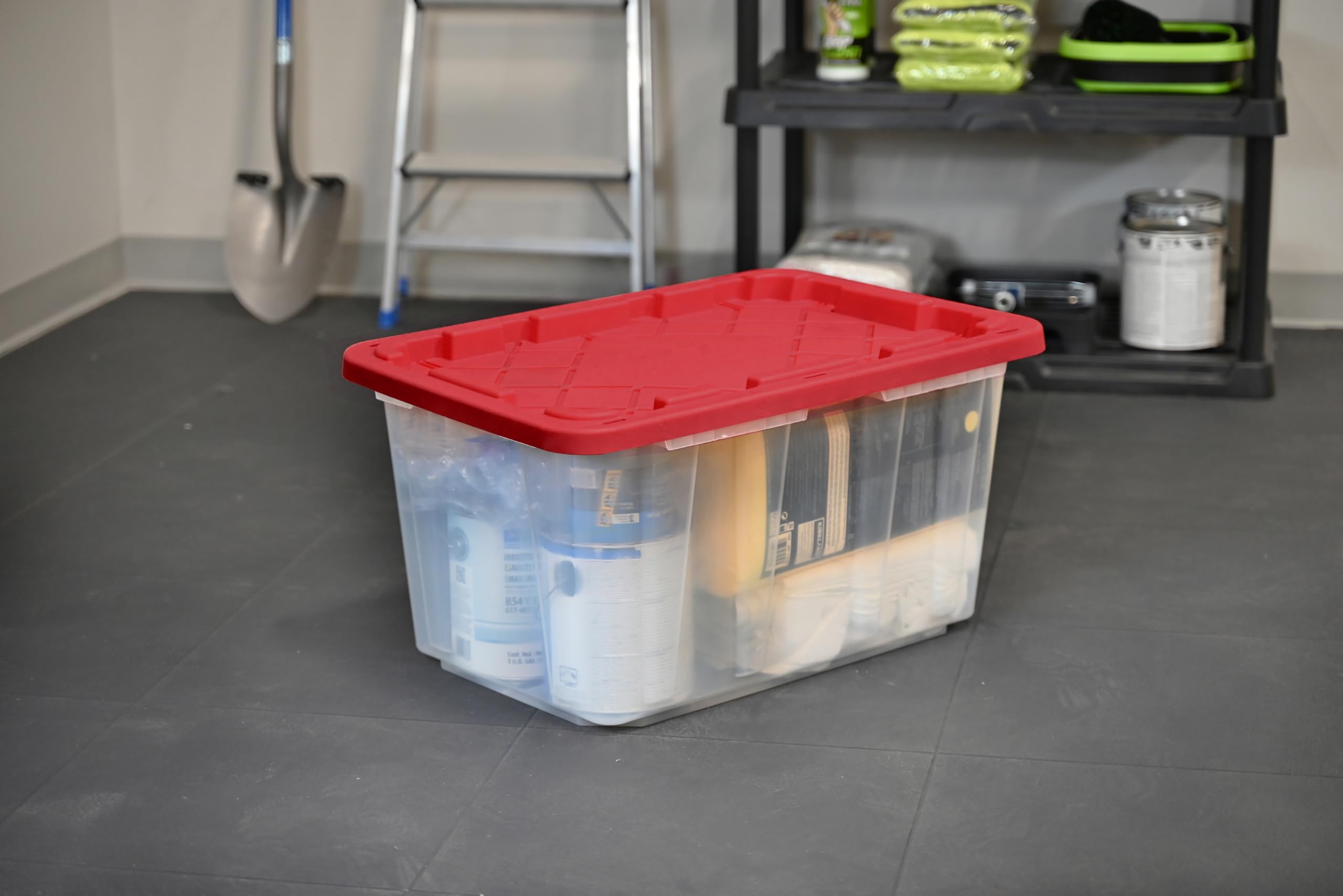 Cx Black & Yellow, Xtra Tall 27-Gallon Heavy Duty Clear Storage Container & Snap-Tight Lid, Clear & Red (28.5   L X 19.4   W X 1