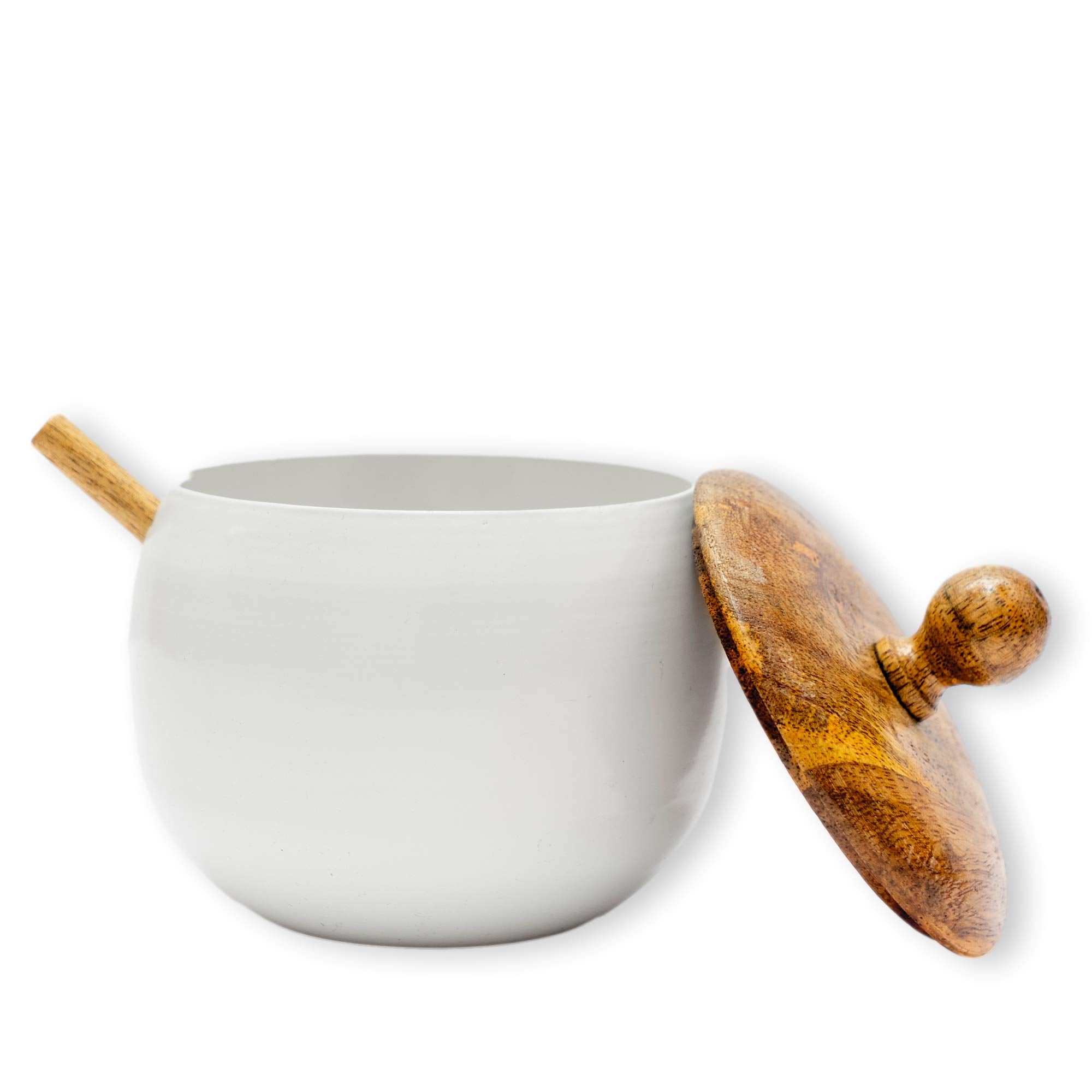 GoCraft Sugar Bowl with Wooden Lid and Spoon for Home and Kitchen  Drum Shape (Shiny White Finish)