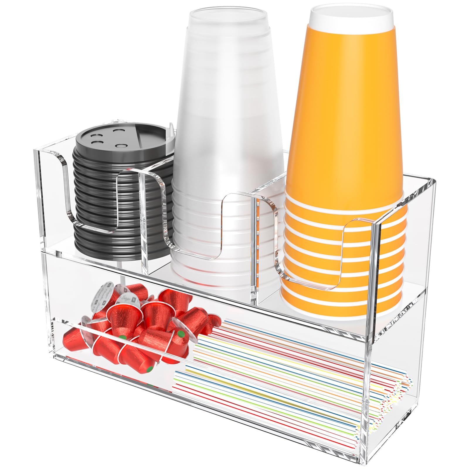 Beego 4Compartment Cup Holder for Countertop  2Tier Clear Acrylic Cup Dispenser Coffee Station Paper Cup and Lid Organizer Co