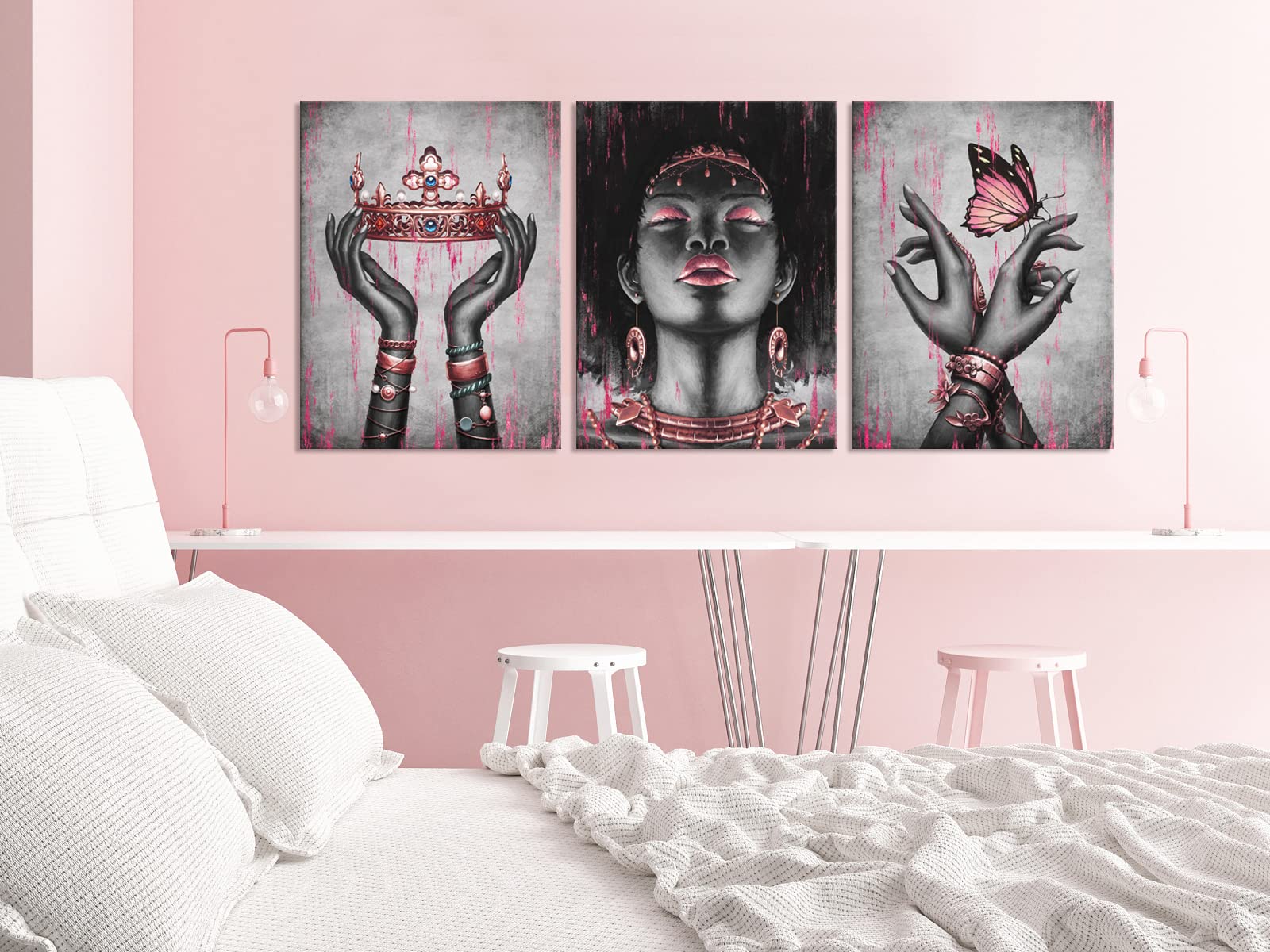 Visual Art Decor Pink And Grey African American Wall Art Pink Room Decor Black Woman Portrait Fashion Painting Framed Canvas Pri