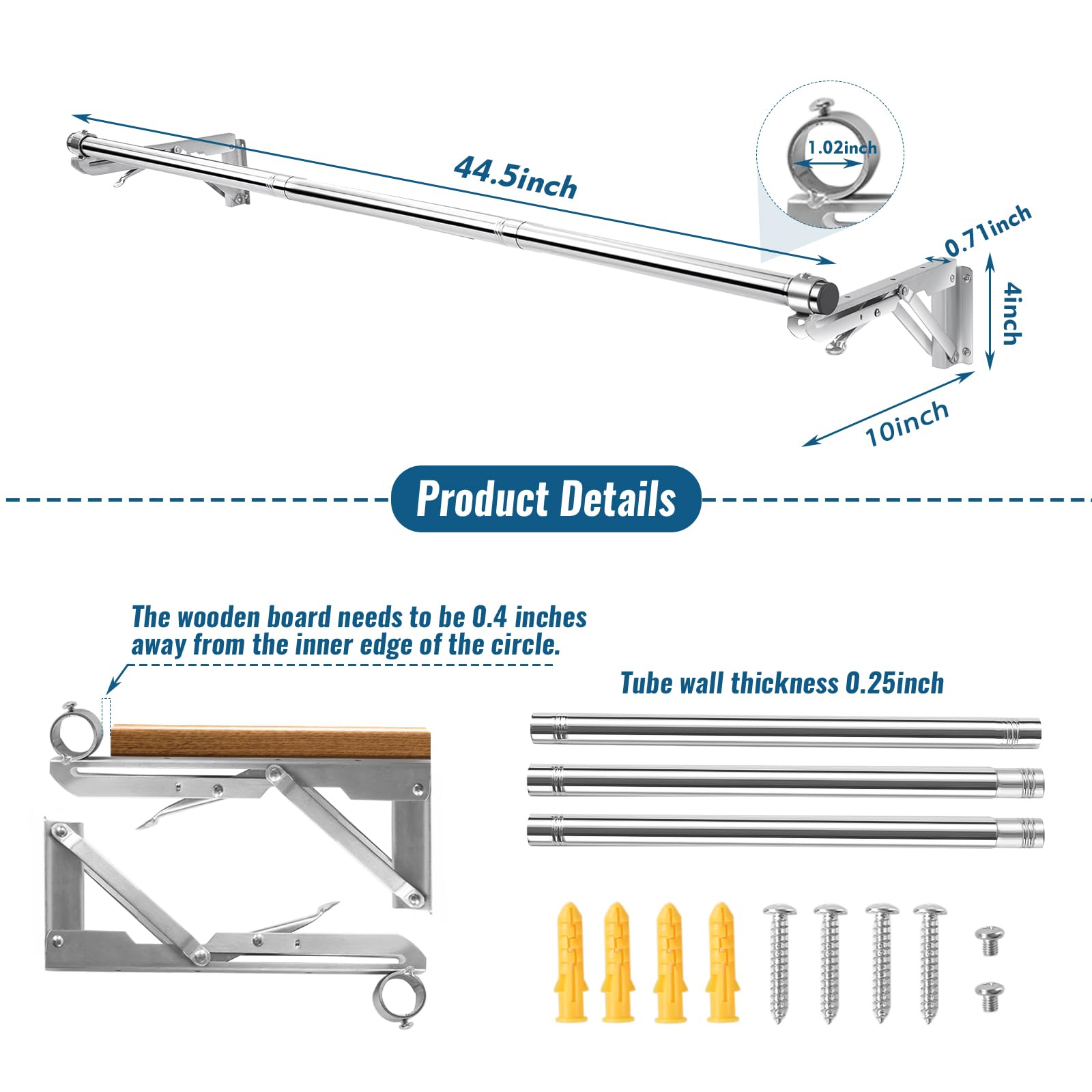 Foldable Wall Mounted Clothes Rack-44'' Long Rod&2 Bases,Stainless Steel, Heavy Duty,Detachable,Multi-Purpose For Space-Saving G