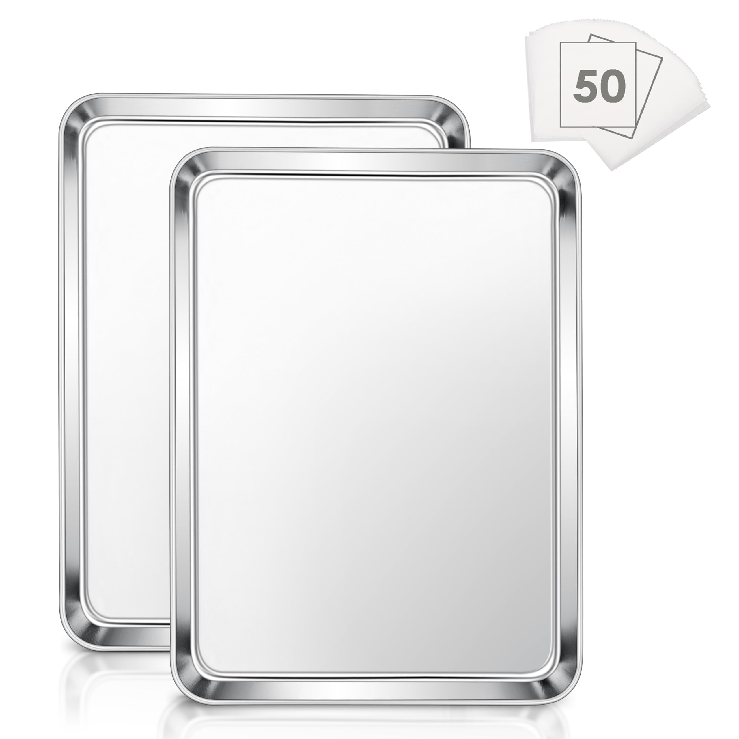 E-Far Baking Cookie Sheet Set Of 2, 16   X12    Stainless Steel Baking Sheet Pan With 50 Parchment Paper, Rectangle Baking Tray