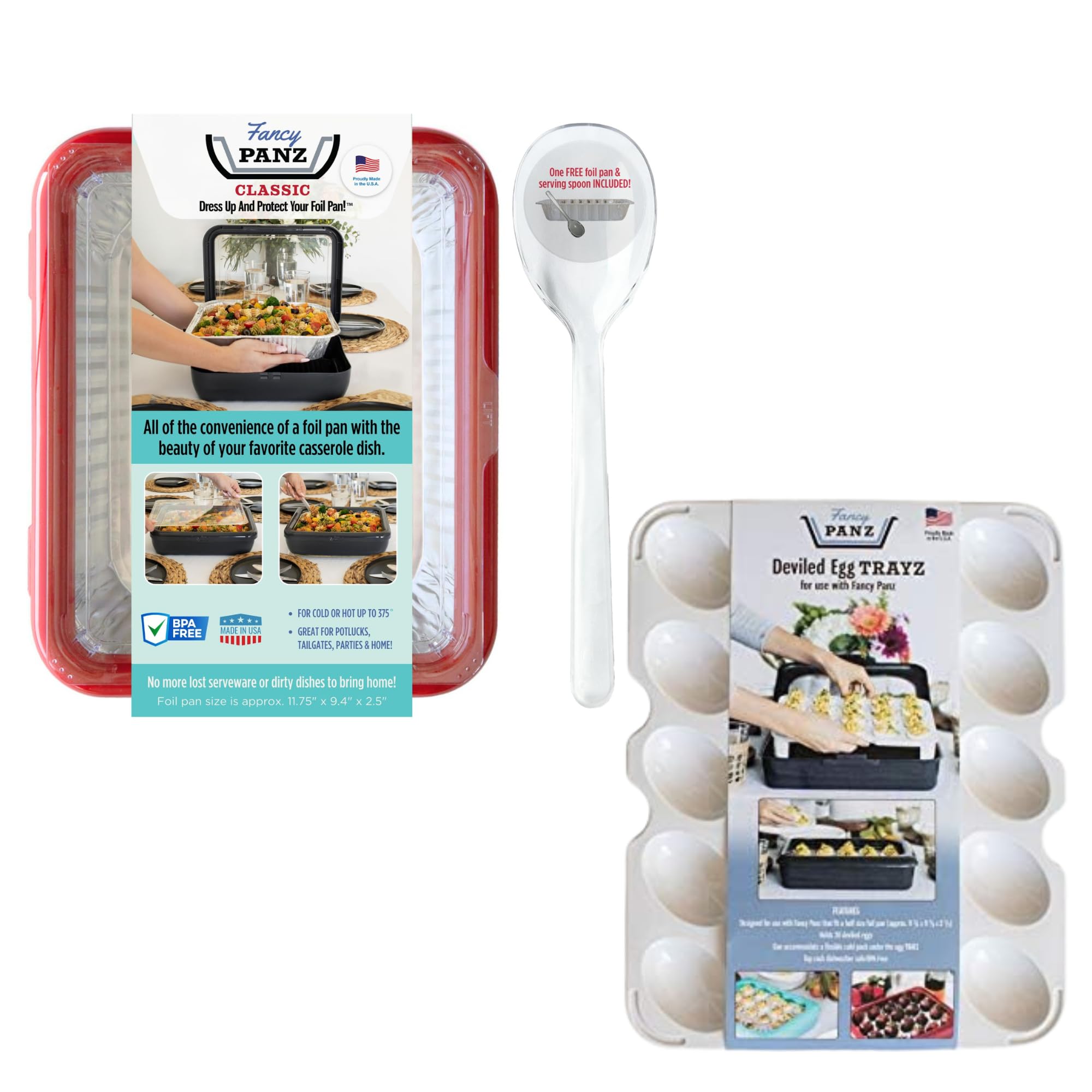 Fancy Panz Bundle - Red Classic Aluminum Foil Pan Carrier with Lid + Deviled Egg Insert - Elevated Food Serving Tray - Portable 