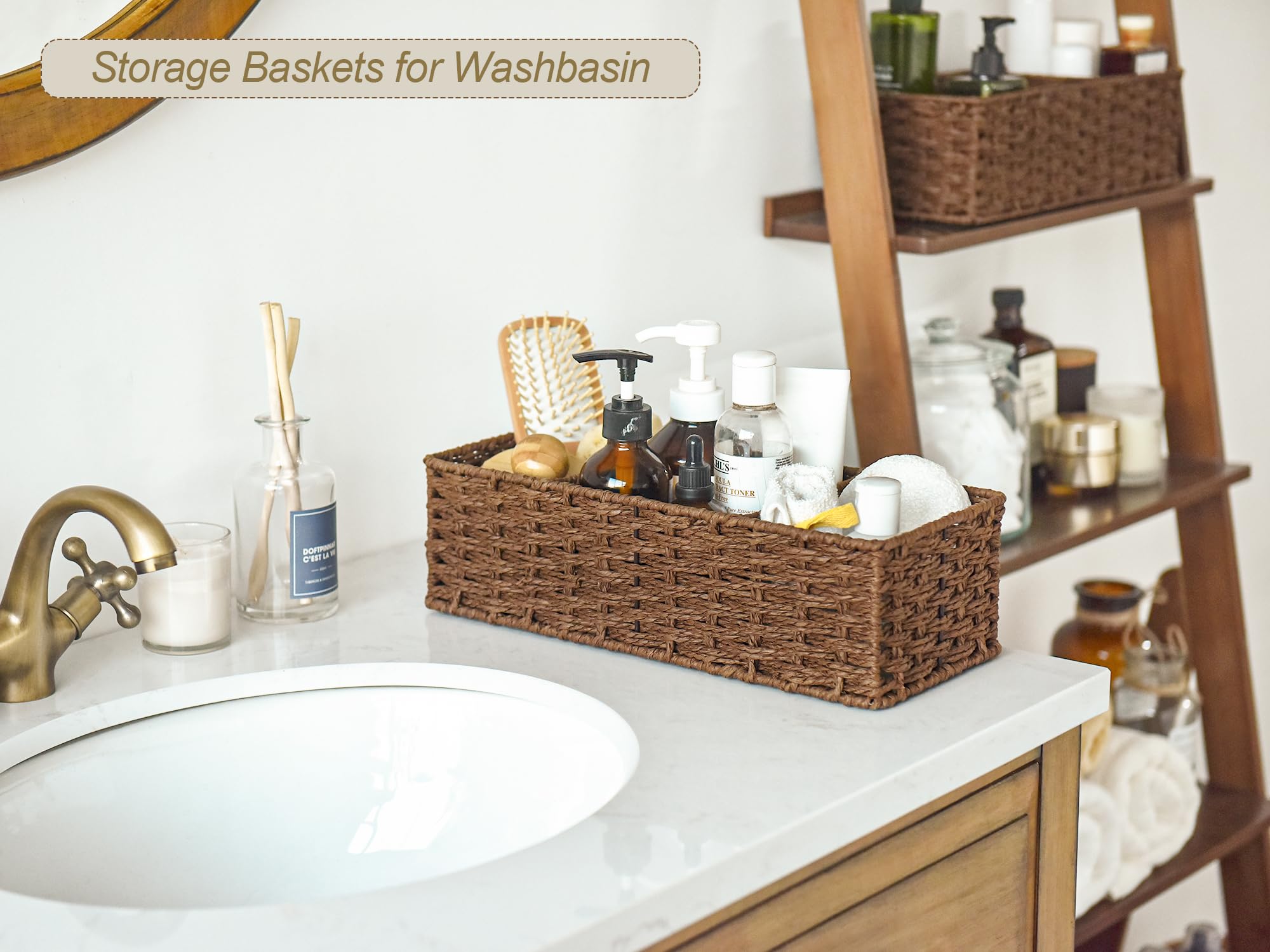 StorageWorks 3-Section Wicker Baskets for Shelves  Hand-Woven Round Paper Rope Storage Baskets  Walnut  2-Pack