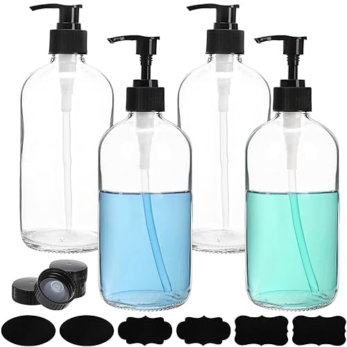 Yarlung 4 Pack 16 Oz Glass Pump Bottles  Clear Refillable Containers Glass Soap Dispenser for Essential Oils  Lotions  Cleaning Products  4 Black Caps 6 Labels