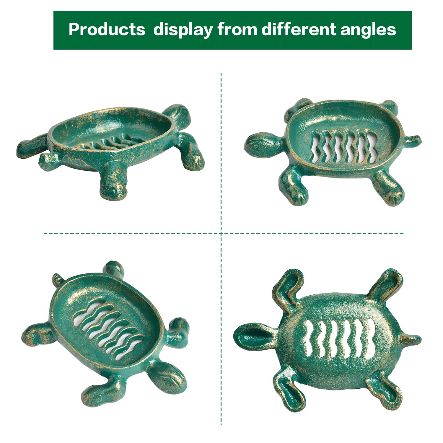 Sungmor Heavy Duty Cast Iron Drainable Soap Holder - Lovely Tortoise Shaped & Antique Green & Gold Finish - Kitchen Bathroom Sin