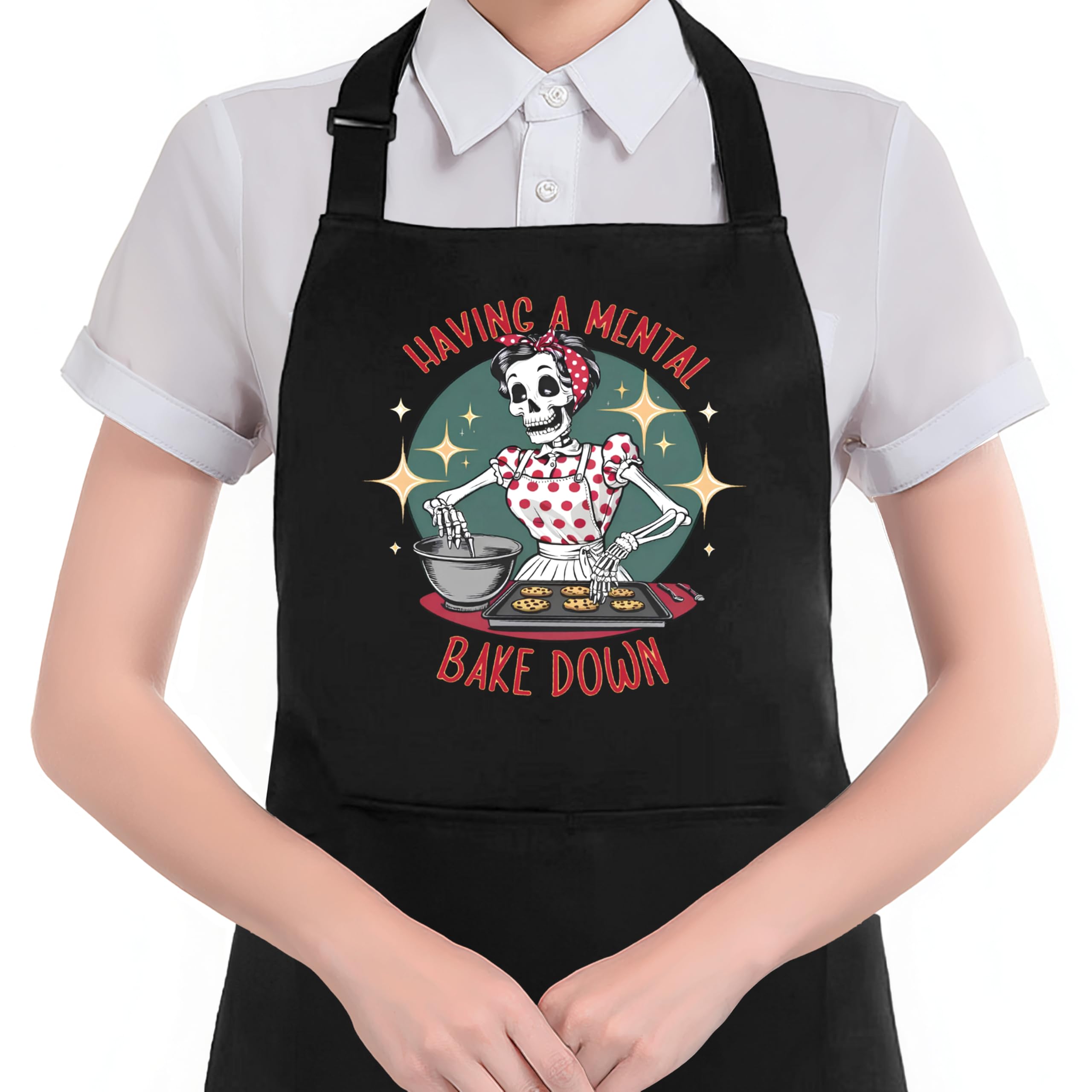 Hugane Funny Gothic Baking Apron With Pockets, Baker Gifts For Women, Having A Mental Bake Down Goth Skeleton Waterproof Adjusta