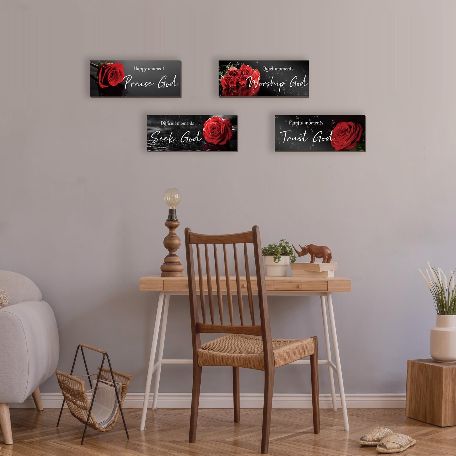 ONIZHITY 4 Pcs Red Bathroom Decor Religious Wall Art Bible Verse Inspirational Red Rose Wall Decor Rustic Flower Wooden Christia