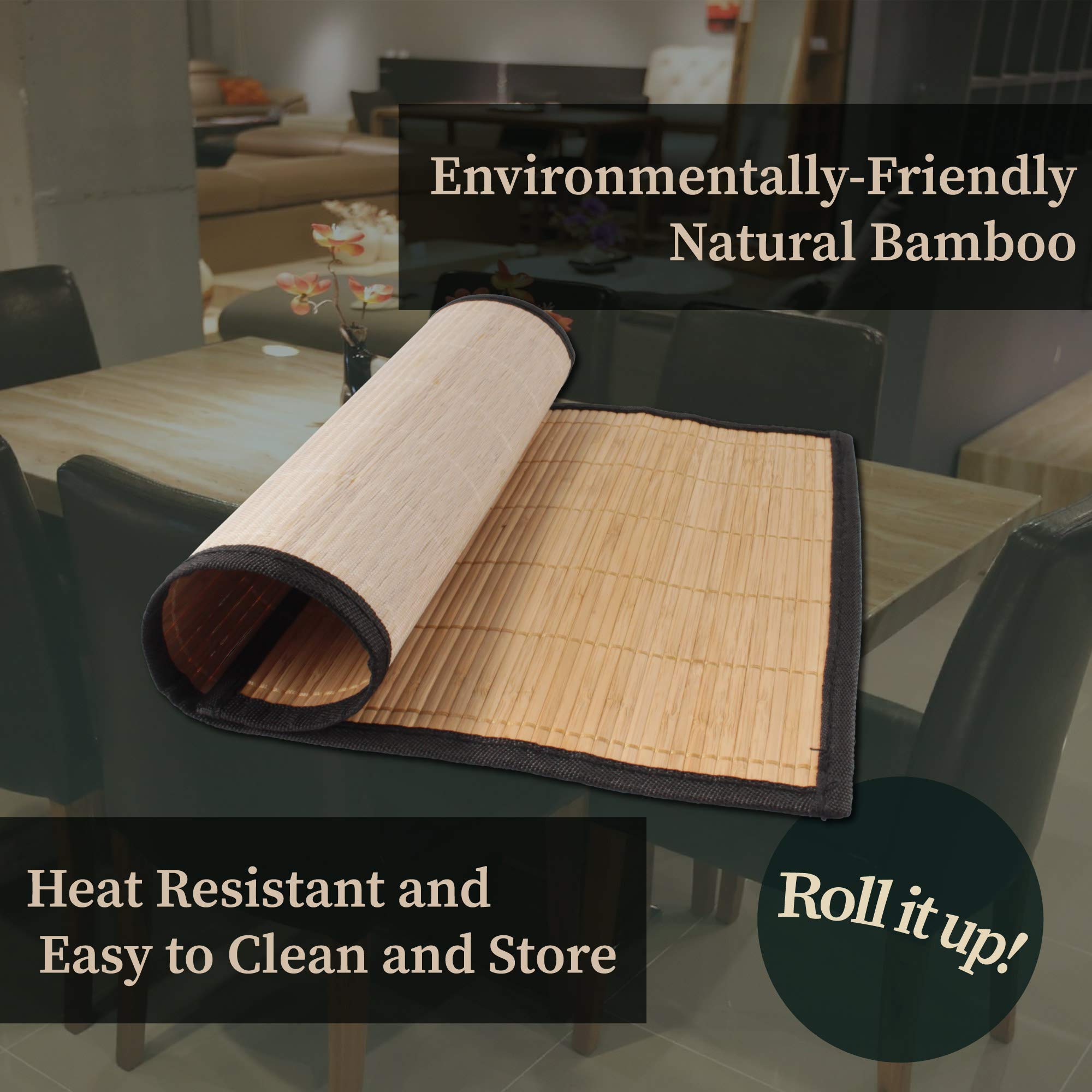 Bamboomn Bamboo Slats Placemat With Fabric Border - Solid Color Print - 17.5'' X 12'' - Brown With Black Border, 4 Pcs