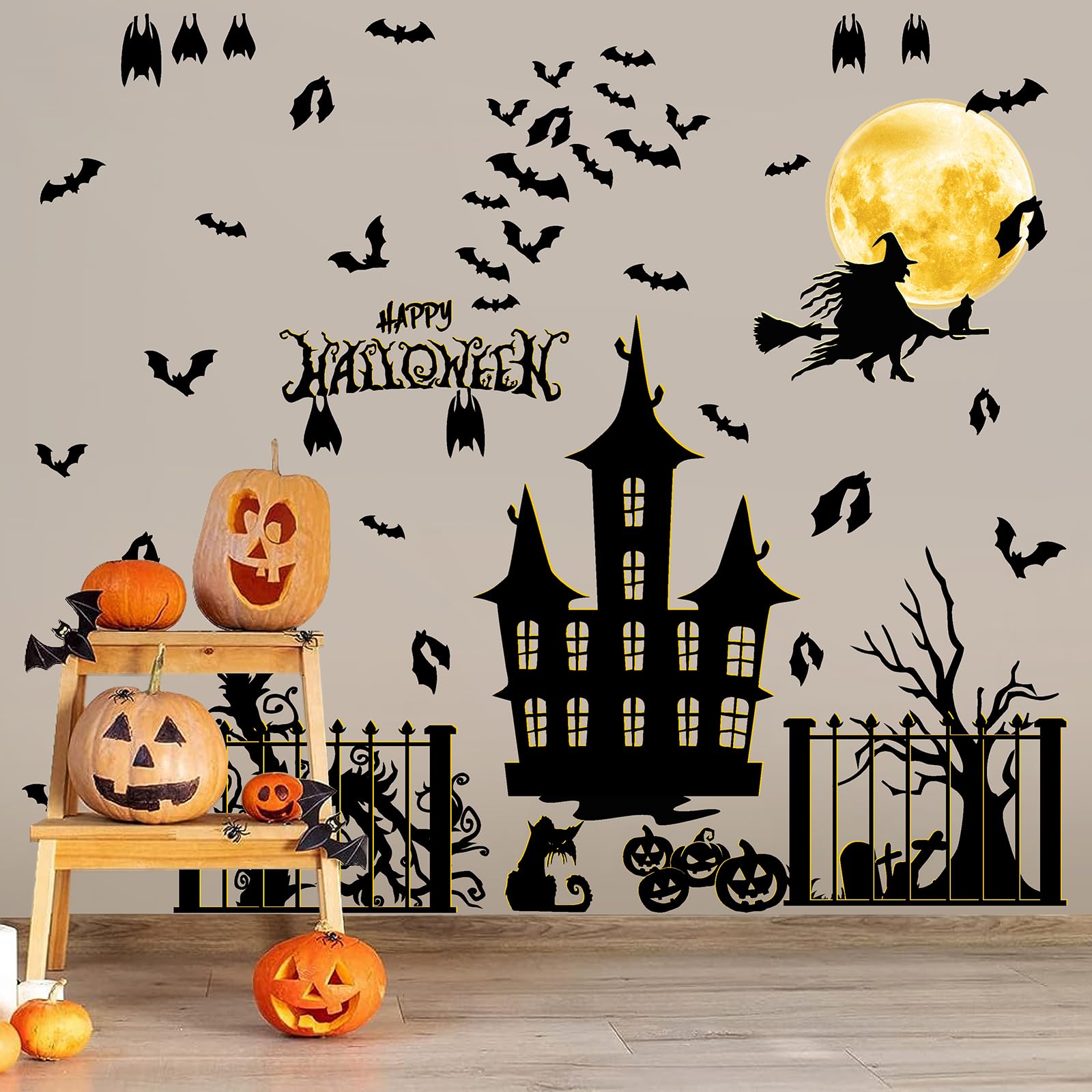 Halloween Bat Wall Decals Moon Witch Wall Stickers Large Spooky Tree Wall Decals Castle Pumpkin Vinyl Bat Wall Decals Removable