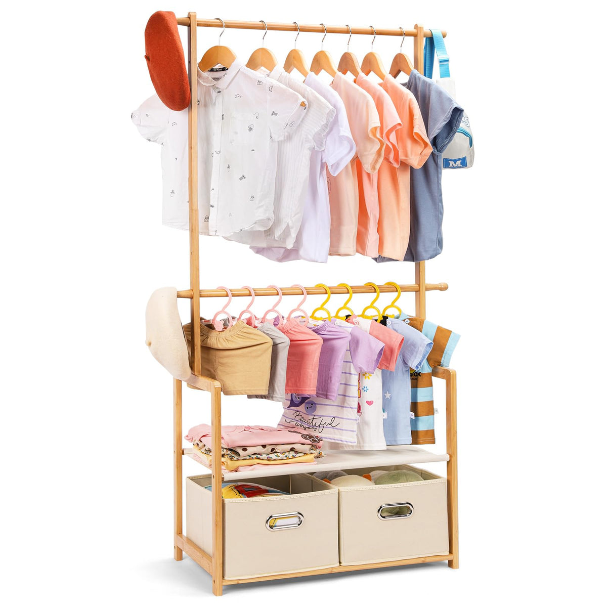 Vilaxing Kids Clothing Rack Bamboo With 2 Storage Baskets And 2 Adjustable Hanging Rods,Child Garment Rack,Dress Up Rack For Pla