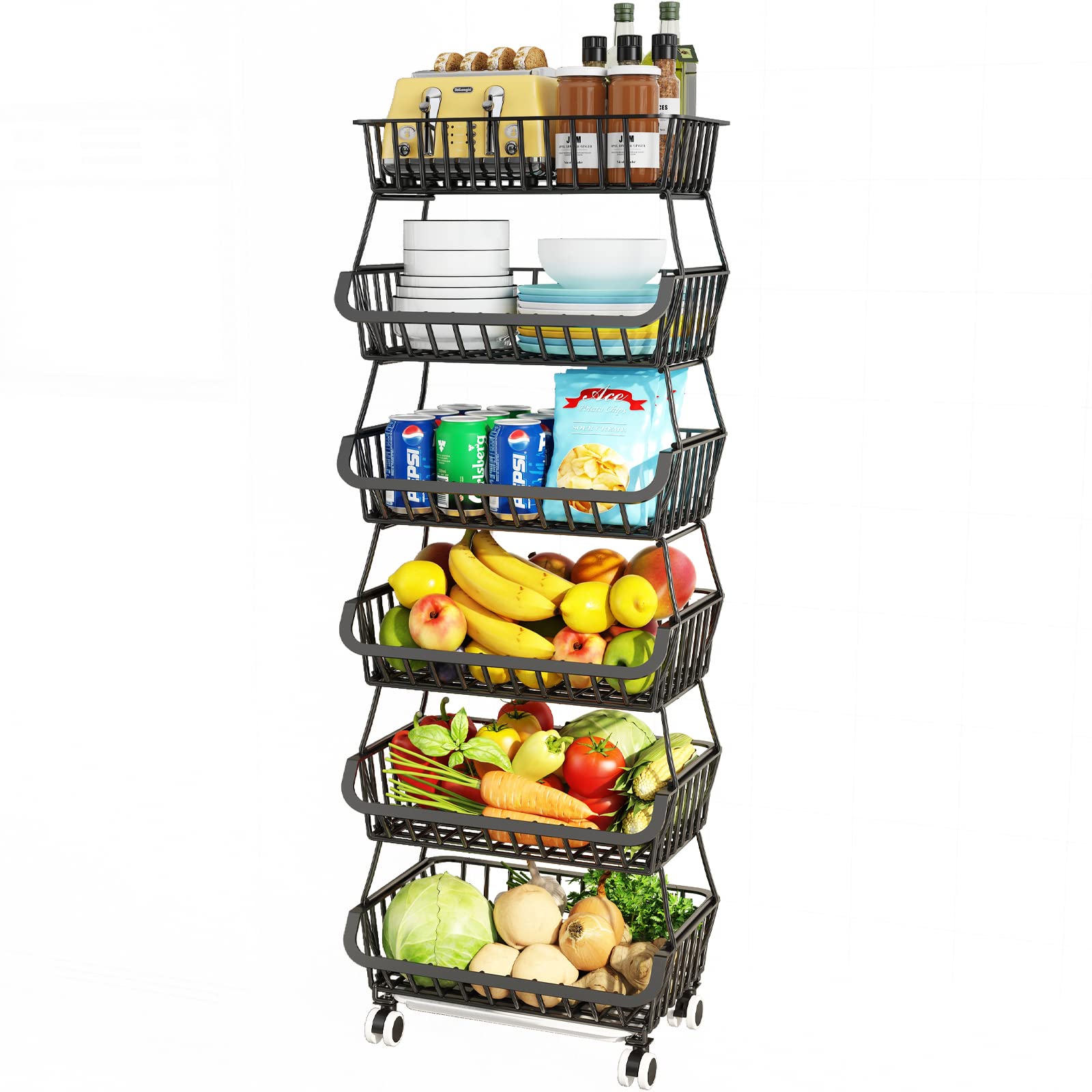 Mchoter 6 Tier Fruit Basket For Kitchen, Fruit And Vegetable Storage Cart Stackable Wire Baskets With Wheels Vegetable Produce B