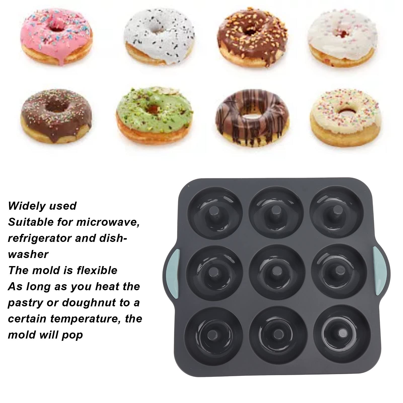 Silicone Donut 9 Cavity Non Stick Food Grade Heat Tolerance Doughnut Pan Set For Cake Biscuit Bagels Muffins Baking (Dark Gray)