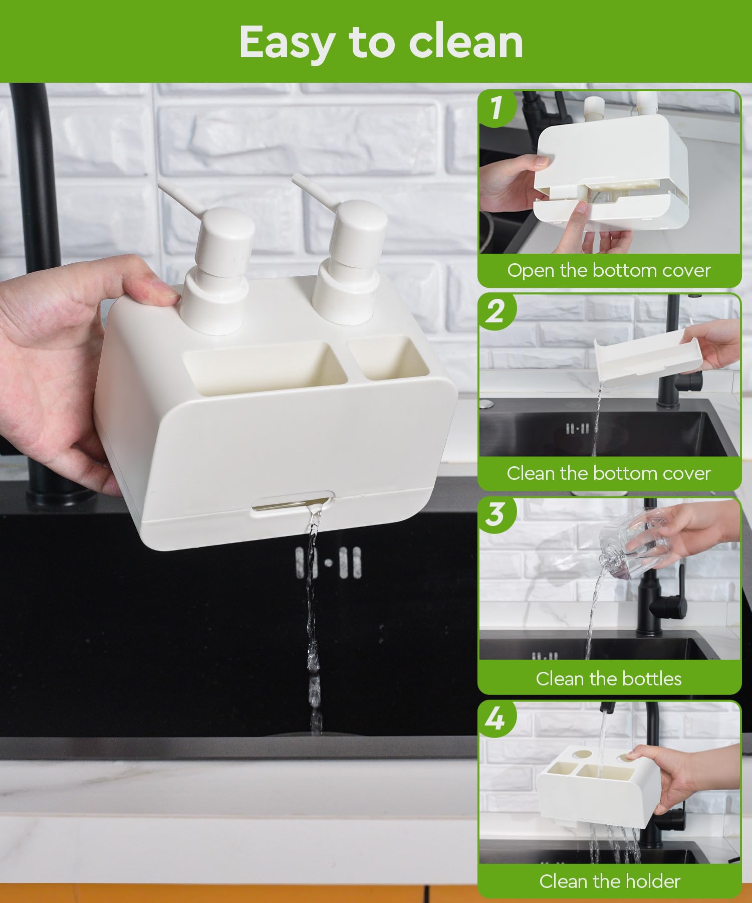 Kitchen Hand Soap and Dish Soap Dispenser Set  Dual Soap Dispenser with Sponge Caddy and Brush Holder 4-in-1 Organizer for Kitchen Sink Countertop  Useful Kitchen Gadgets - White