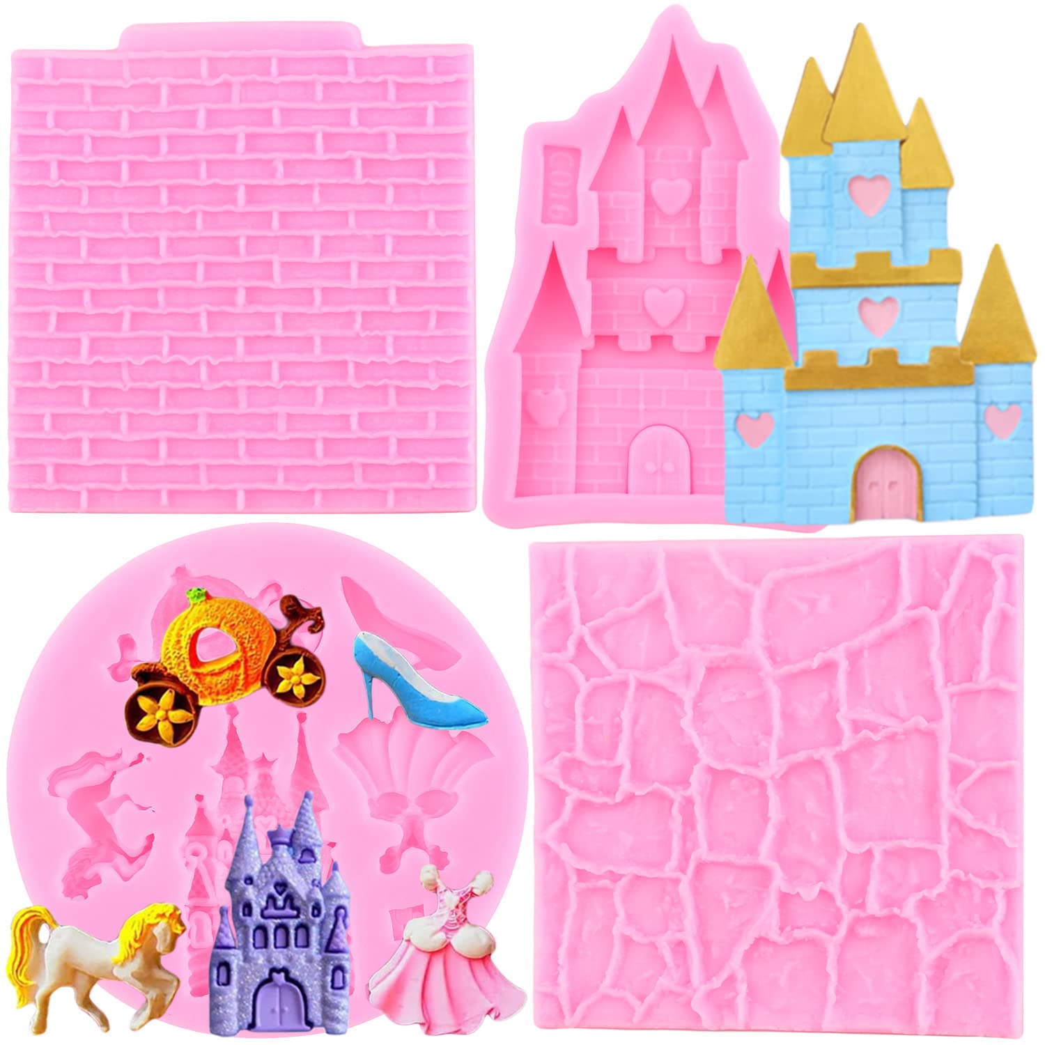 Mypracs Fairy Tales Castle Silicone Molds Cinderella Fondant Mold Rock Brick Wall Texture Molds For Baby Shower Cupcake Topper C