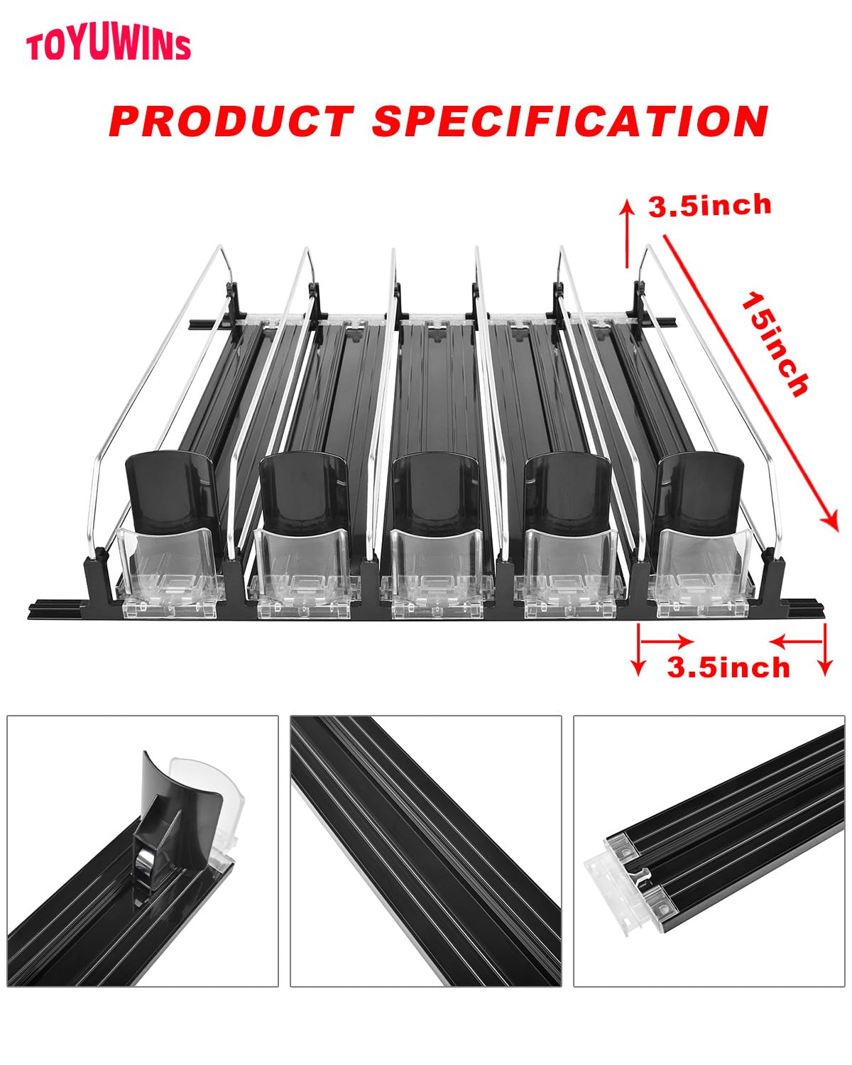 Toyuwins 15'' Black Drink Organizer For Fridge 3 Rows, Soda Can Dispenser For Refrigerator Adjustable Width, Self-Pushing Can St