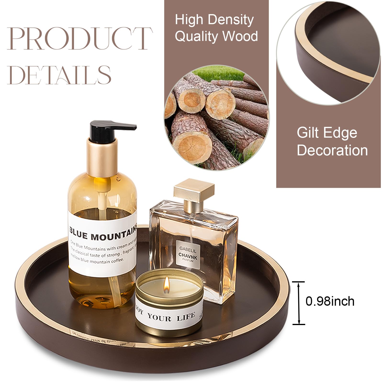 Bathroom Counter Tray Wooden Decorative Tray Round Perfume Tray Kitchen Soap Organizer Vanity Storage For Candle, Sink, Home Dec