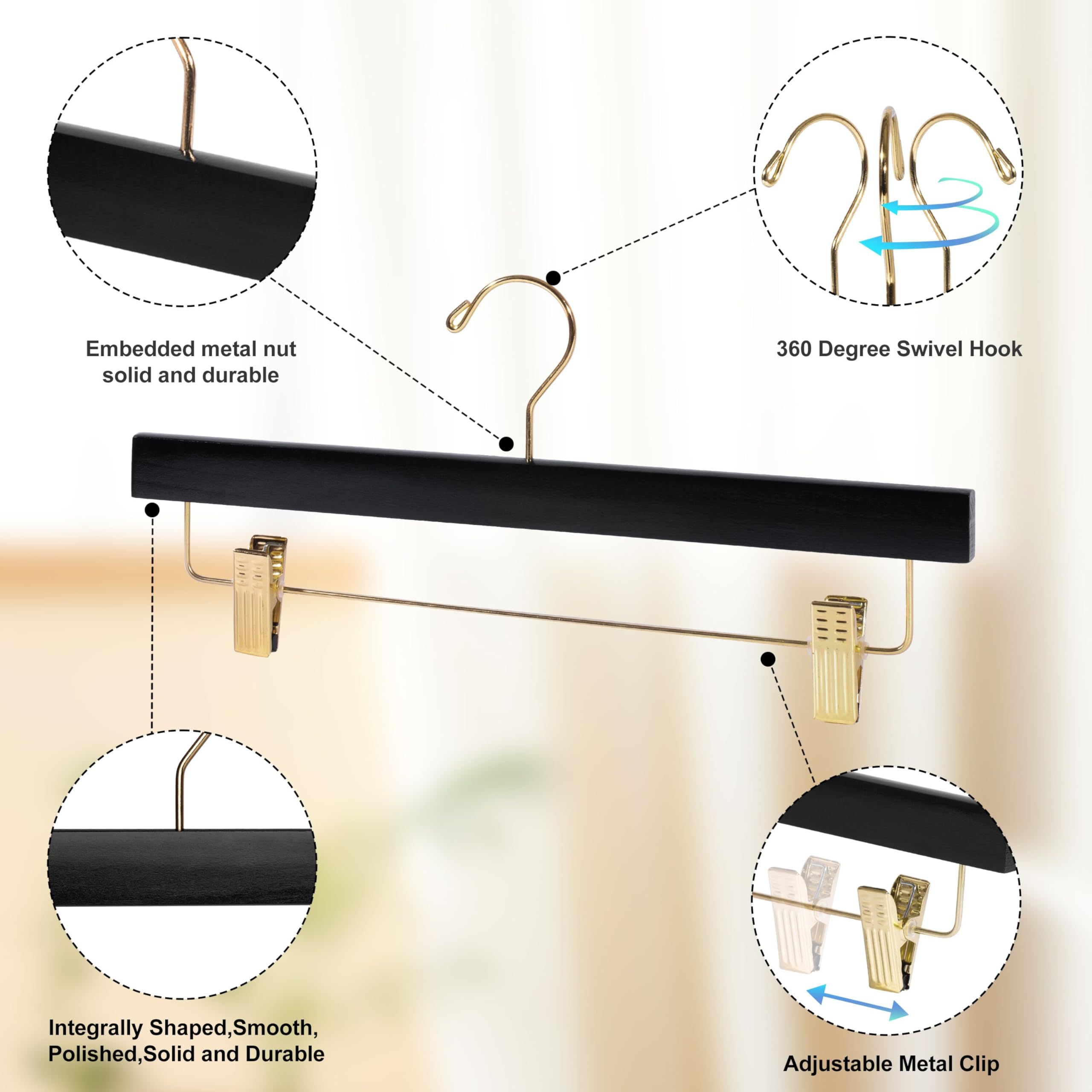 Quality Hangers Black Wooden Pants Hangers - 20-Pack Swivel Hook Cloth Hanger Set - Lotus Wood Skirt  Pant  Shorts and Slack Hangers with Adjustable Clip - Black Clothing Hanger (Gold Hook  20)