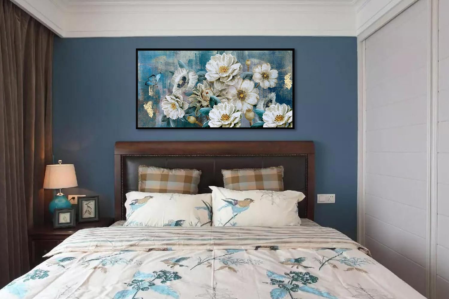 Arjun Flowers Canvas Wall Art White Elegant Modern Picture Gold Foil Colorful Painting Turquoise Floral Teal Artwork for Living Room Bedroom Bathroom Home Office Decor  Black Wood Framed Large 40''x20''