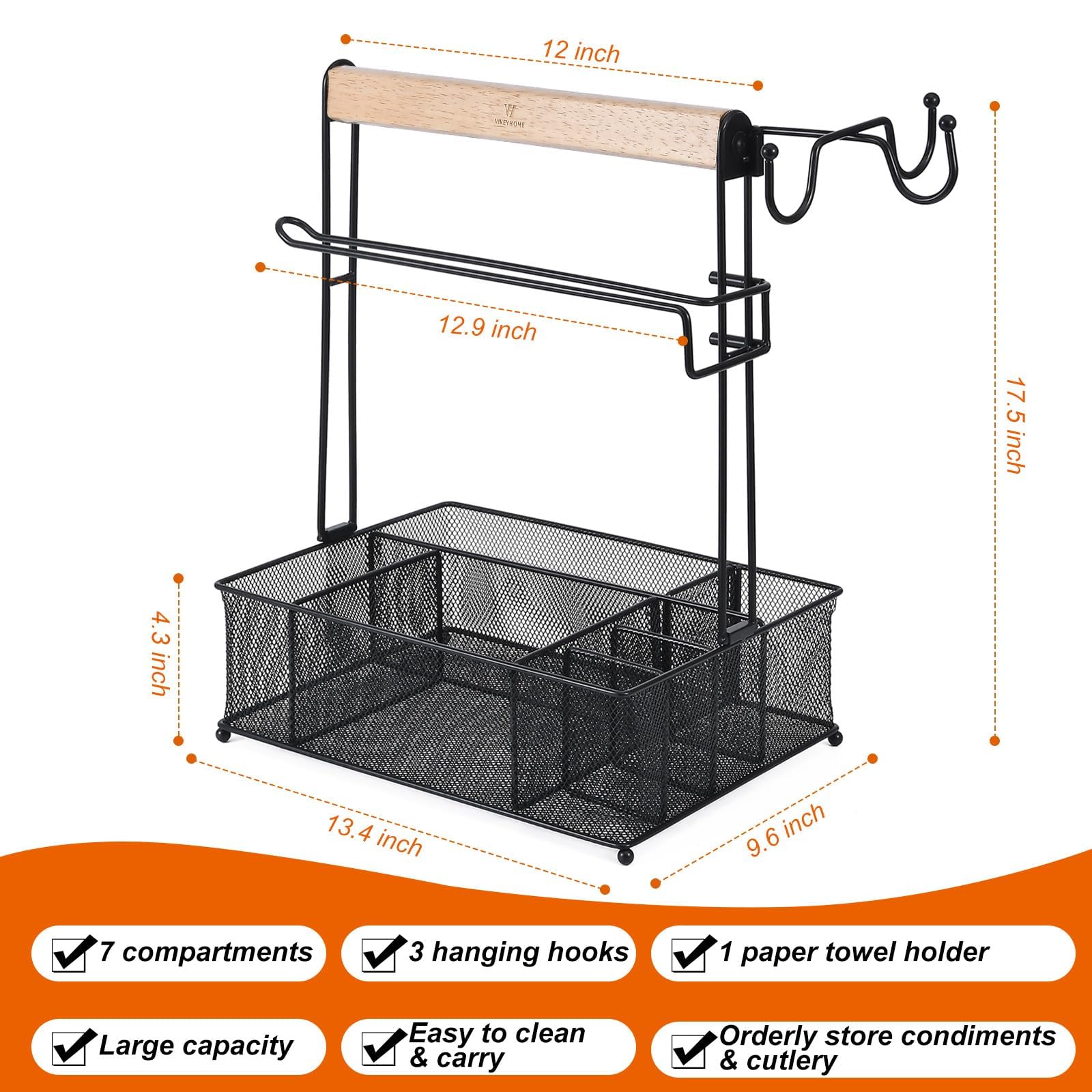 Vikeyhome Grill Caddy, Picnic Bbq Organizer For Camping Outdoor Mesh Basket With 3 Hanging Hooks And Paper Towel Holder, Ideal T