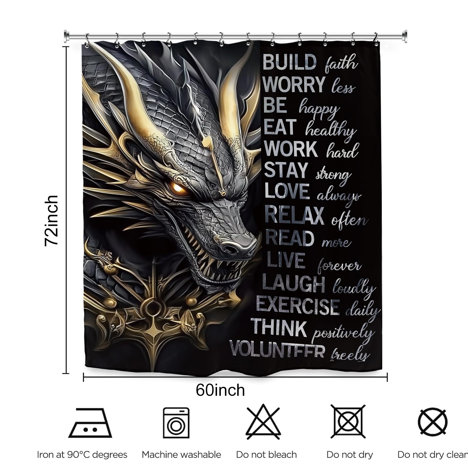 Kalmico Dragon Man Black Gold Shower Curtain 60Wx72L Inch Motivational Inspirational Quotes Positive Cool Teen Boys Bathroom Set