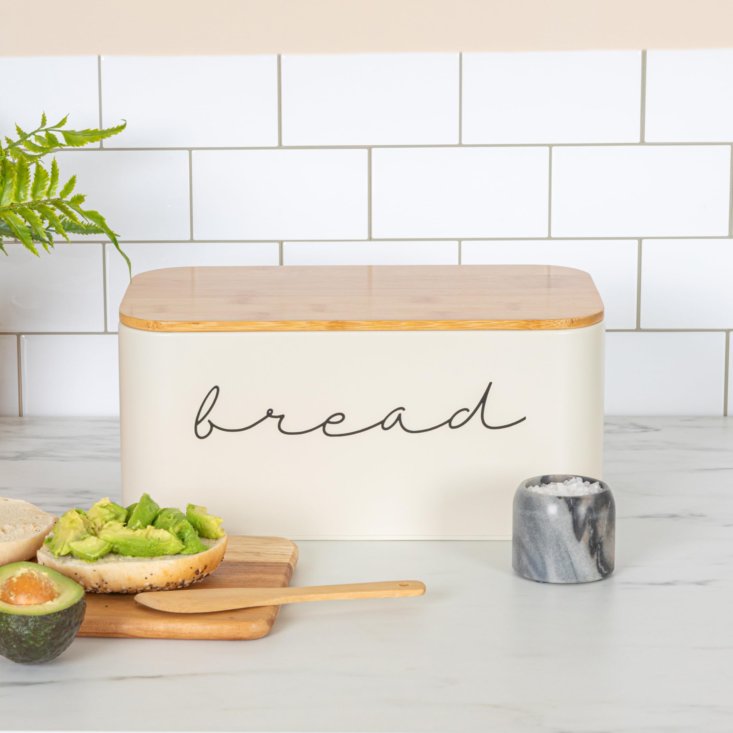 Bloomingville Metal Bin With Bamboo Lid, Cream Bread Box, 11.75'' L X 5.25'' W X 7'' H