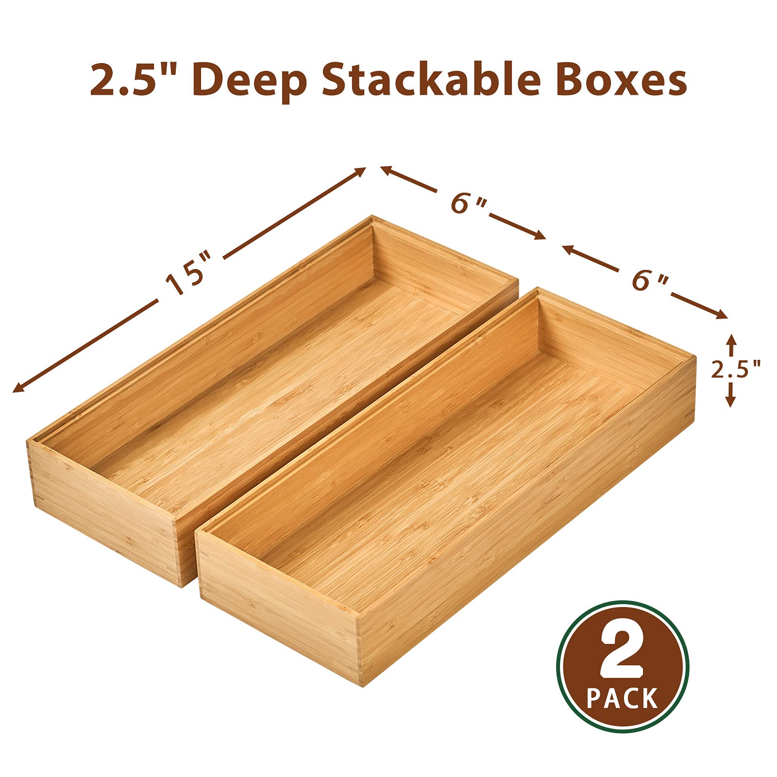 Umilife Bamboo Kitchen Drawer Organizer Boxes with Anti-Skid Silicone Feet, 2pcs Stackable Storage Bins for Kitchen Utensils & S