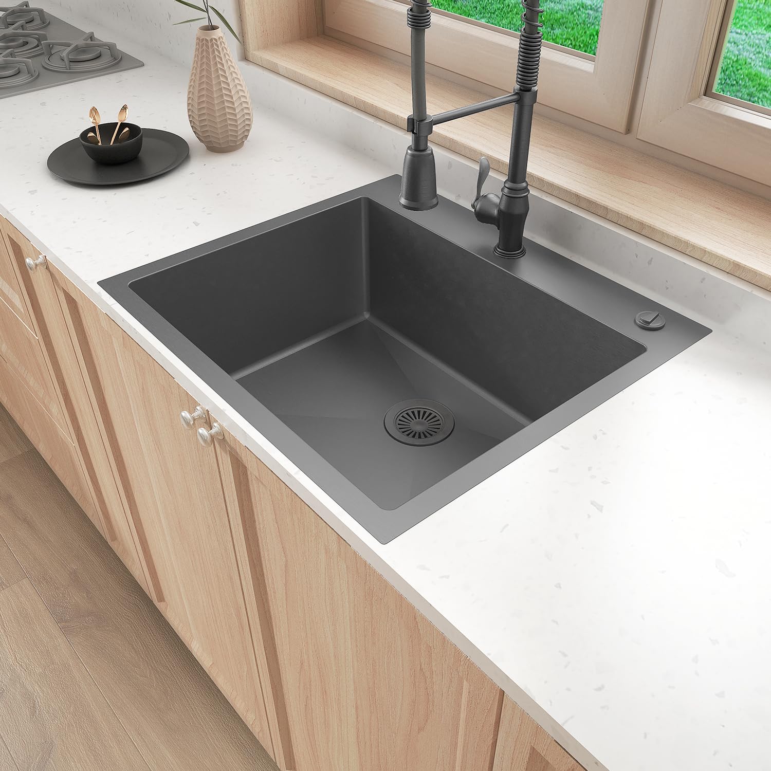Sinber 25'' x 22'' x 9'' Drop In Single Bowl Kitchen Sink with 18 Gauge 304 Stainless Steel Black Finish HT2522S-9-B (Sink Only)