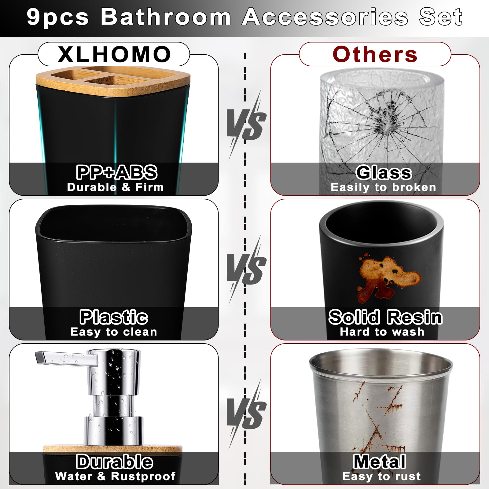 Xlhomo Bathroom Accessory Set Black Bathroom Set, 9 Piece Black Bathroom Accessories Bathroom Sets With Bathroom Trash Can Bathr