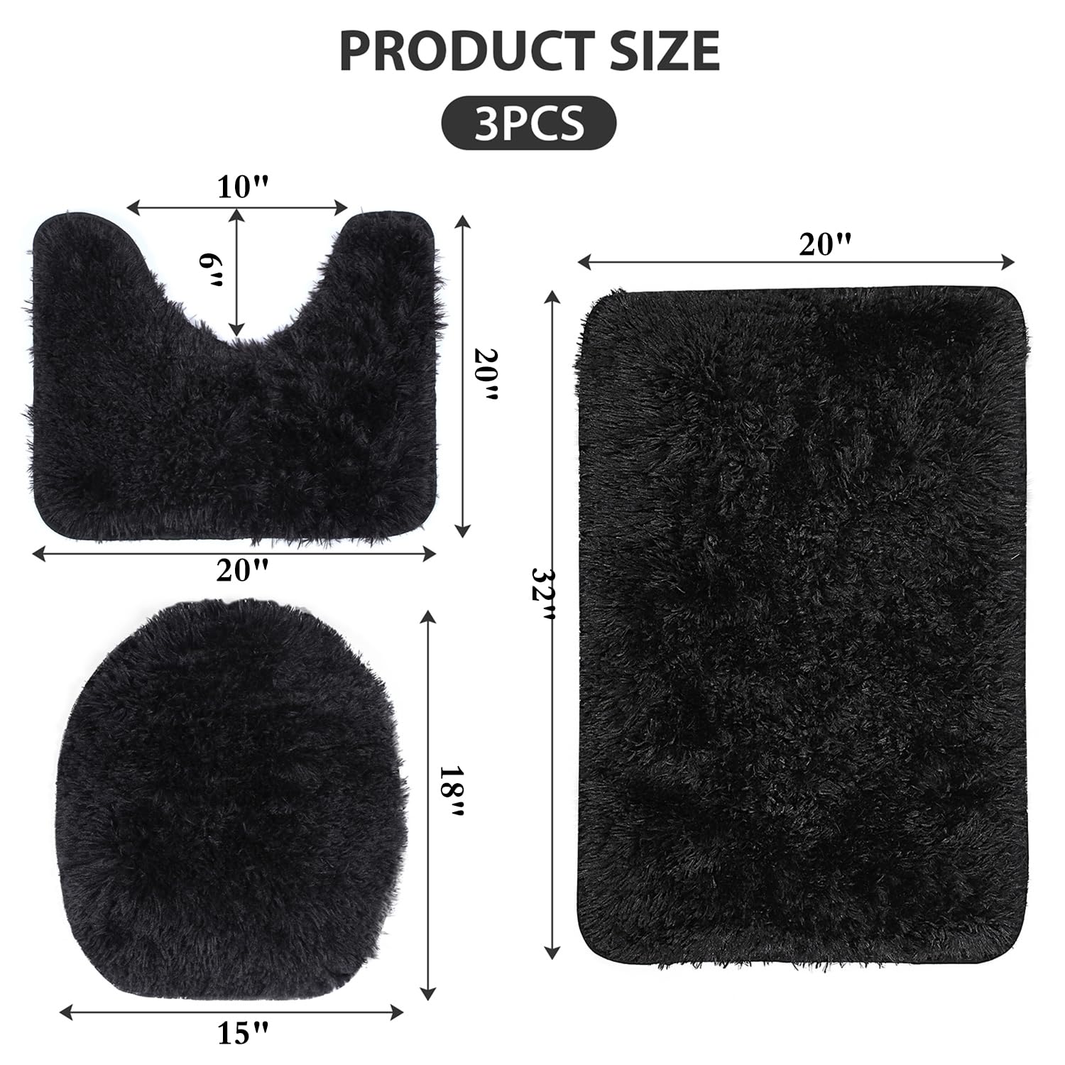 3 Piece Thicken 0.4'' Bath Rugs Set  Bath Rug + Contour Mat + Toilet Seat Cover  Super Long Soft Microfiber Water Absorbent & Non-Slip Bathroom Rugs with PVC Point Rubber Backing (Black)