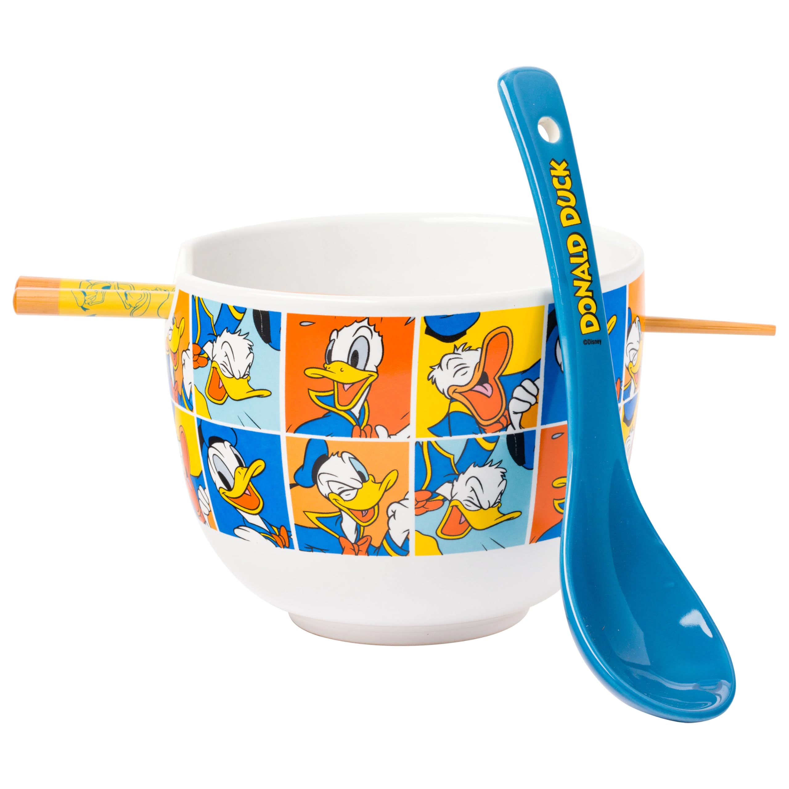 Silver Buffalo Disney Donald Duck Expressions Ceramic Ramen Noodle Rice Bowl With Chopsticks And Spoon, Microwave Safe, 20 Ounce