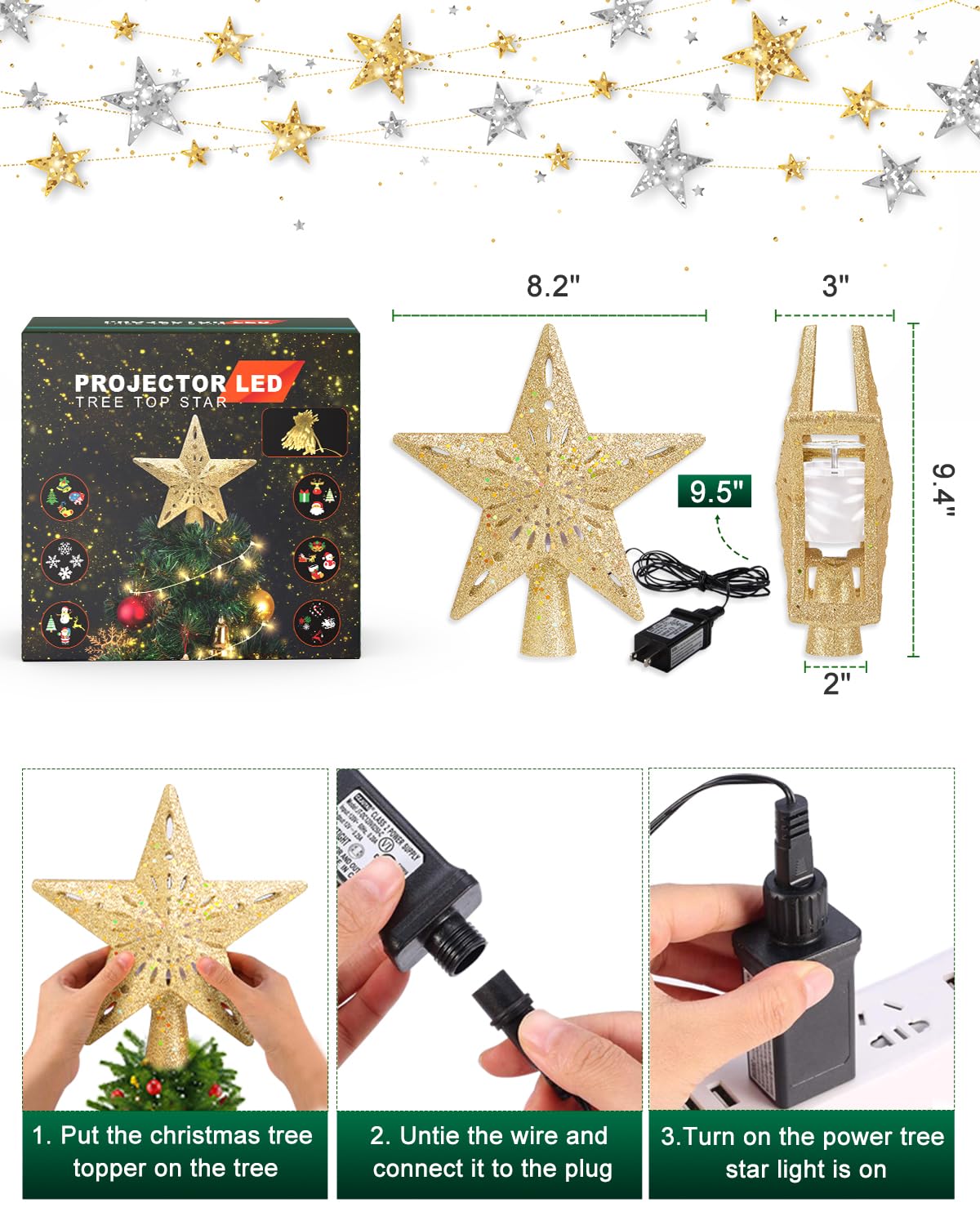 Kesfitt Christmas Tree Topper with 10M Warm Light Cord, Tree Top Star Decoration with 6 Projection Modes, Gold Tree Topper Light