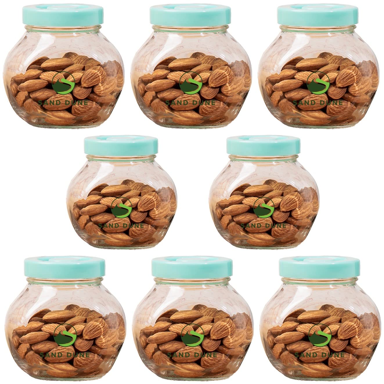 Sand Dune Set Of 8, 200 Ml Each Storage Glass Jar Green Plastic Cap, Transparent | Bpa Free | Storage Jar Containers/Barni For K