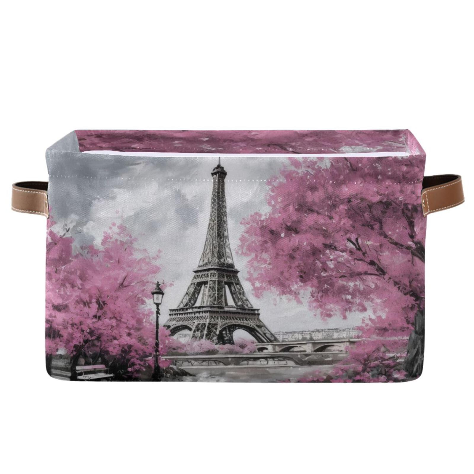 Xigua Oil Painting Paris Foldable Storage Basket For Shelves, Collapsible Sturdy Storage Bin With Handles, Canvas Storage Cube F
