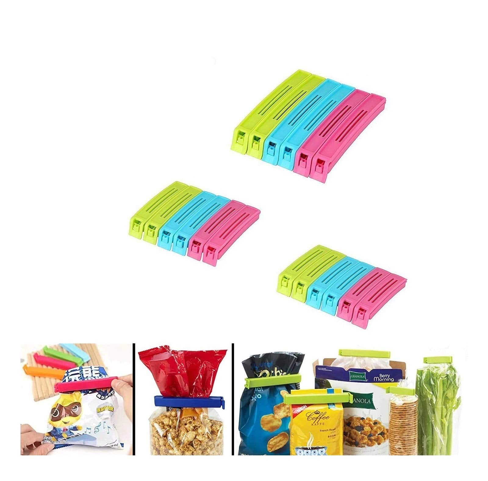Kitchenwell 18 Pcs - 3 Different Size Plastic Food Snack Bag Pouch Clip Sealer Large, Medium, Small Plastic Snack Seal Sealing B