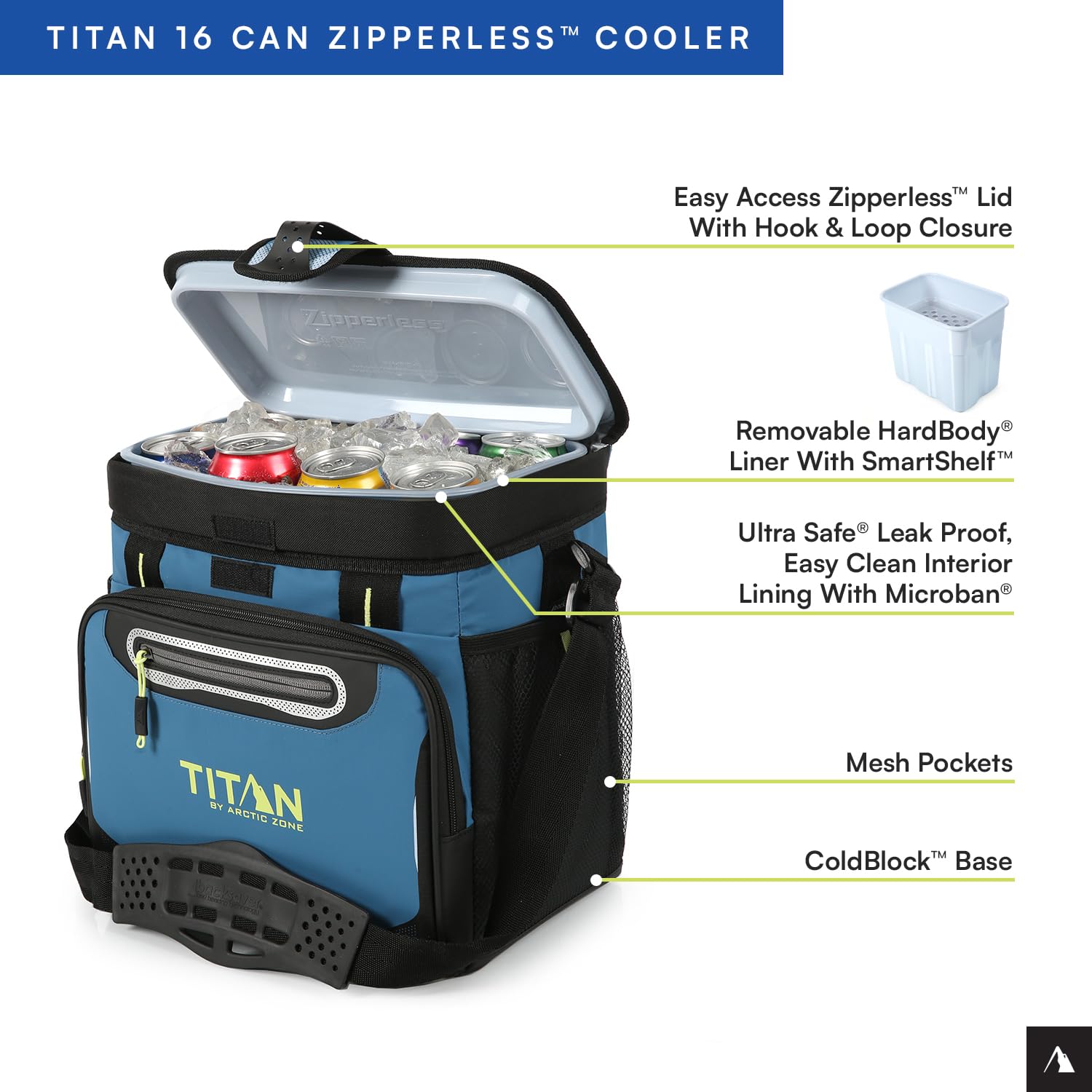 Titan by Arctic Zone 16 Can Zipperless Soft Cooler with HardBody Liner, Marine Blue