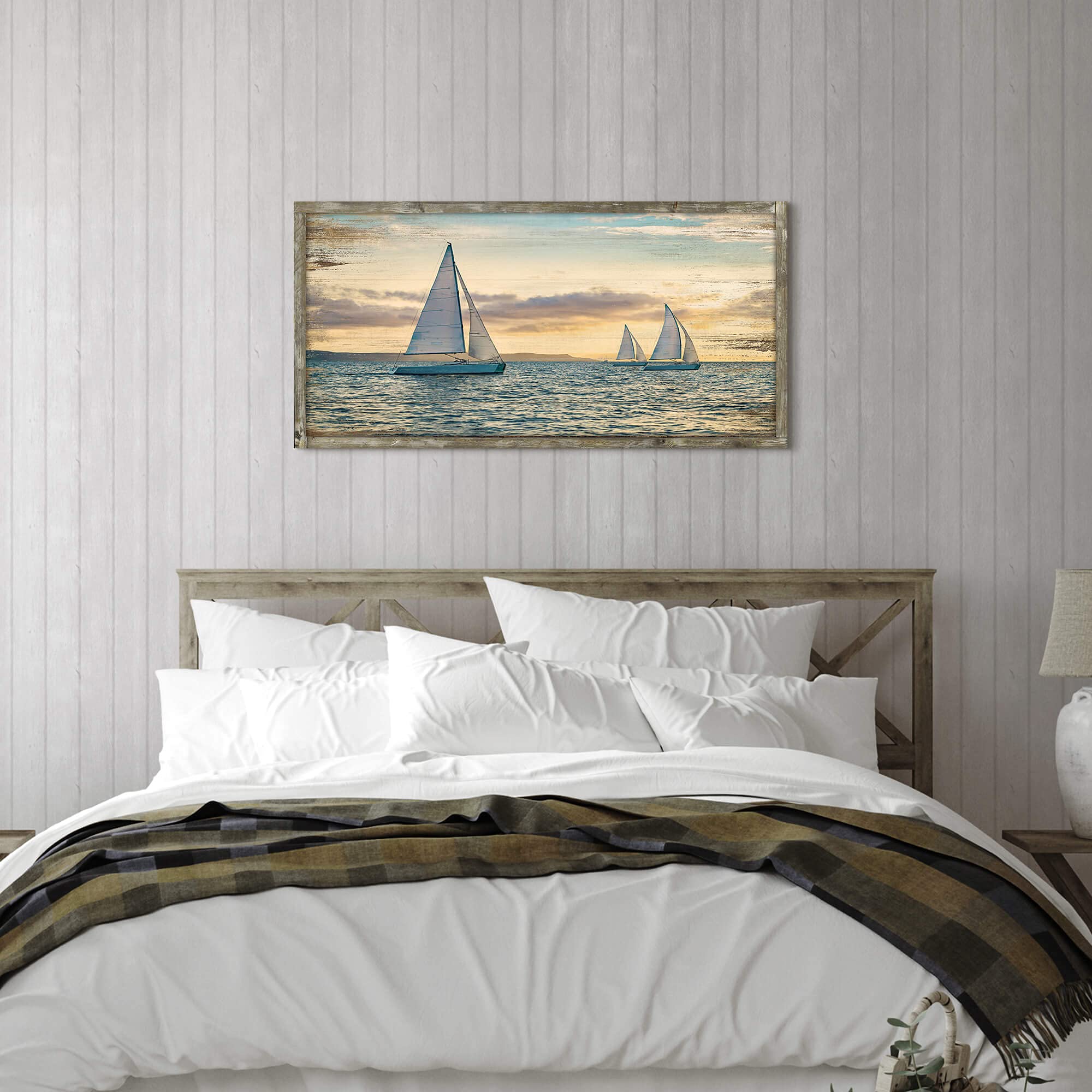 Ocean Framed Wooden Wall Art: Coastal Painting Art 40''X20'' Sail Boats Artwork Decor Sunset Seascape Picture Prints For Office