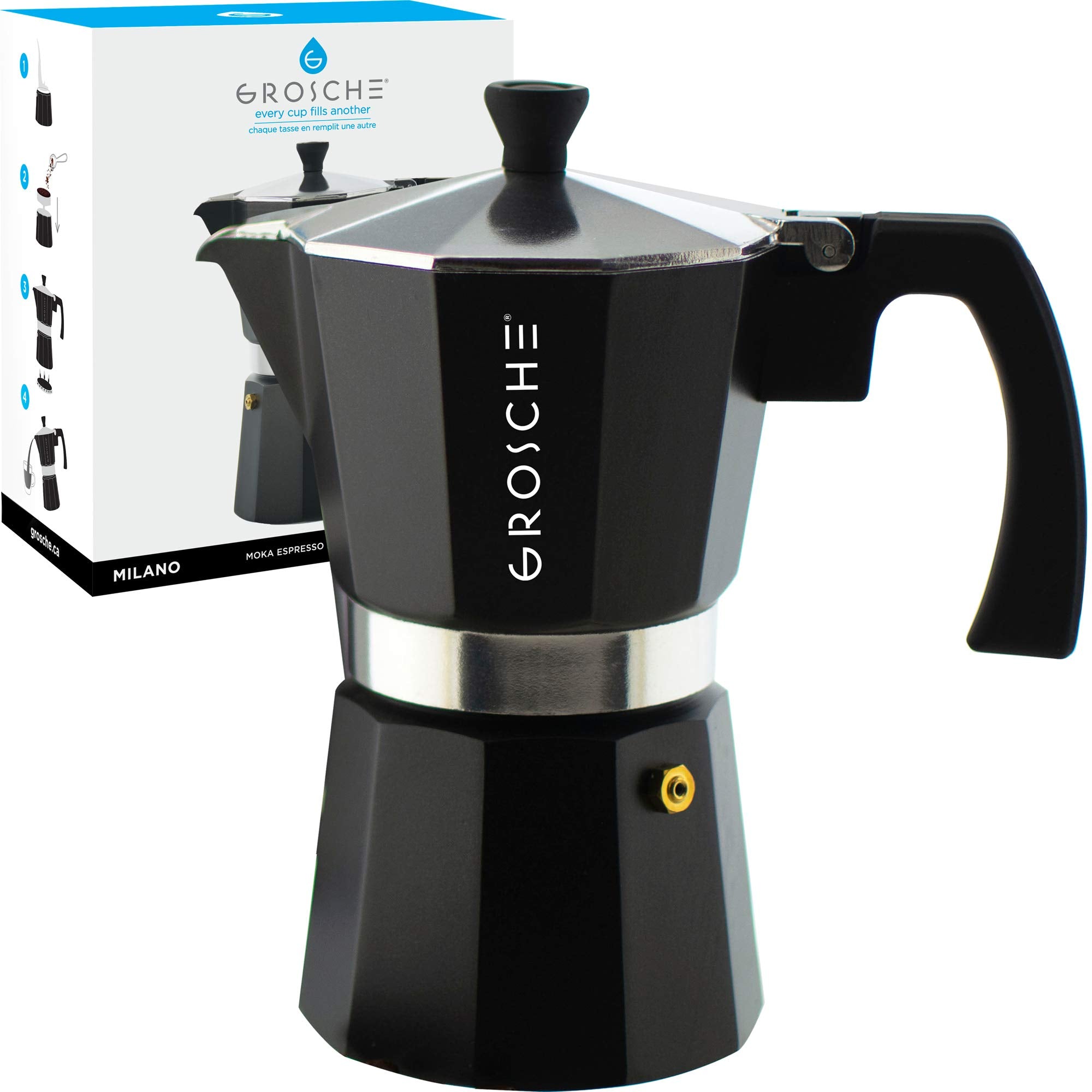 Grosche Milano Stovetop Espresso Maker Moka Pot 6 Espresso Cup - 9.3 Oz, Black - Coffee Maker Stove Top Coffee Maker Moka Italia