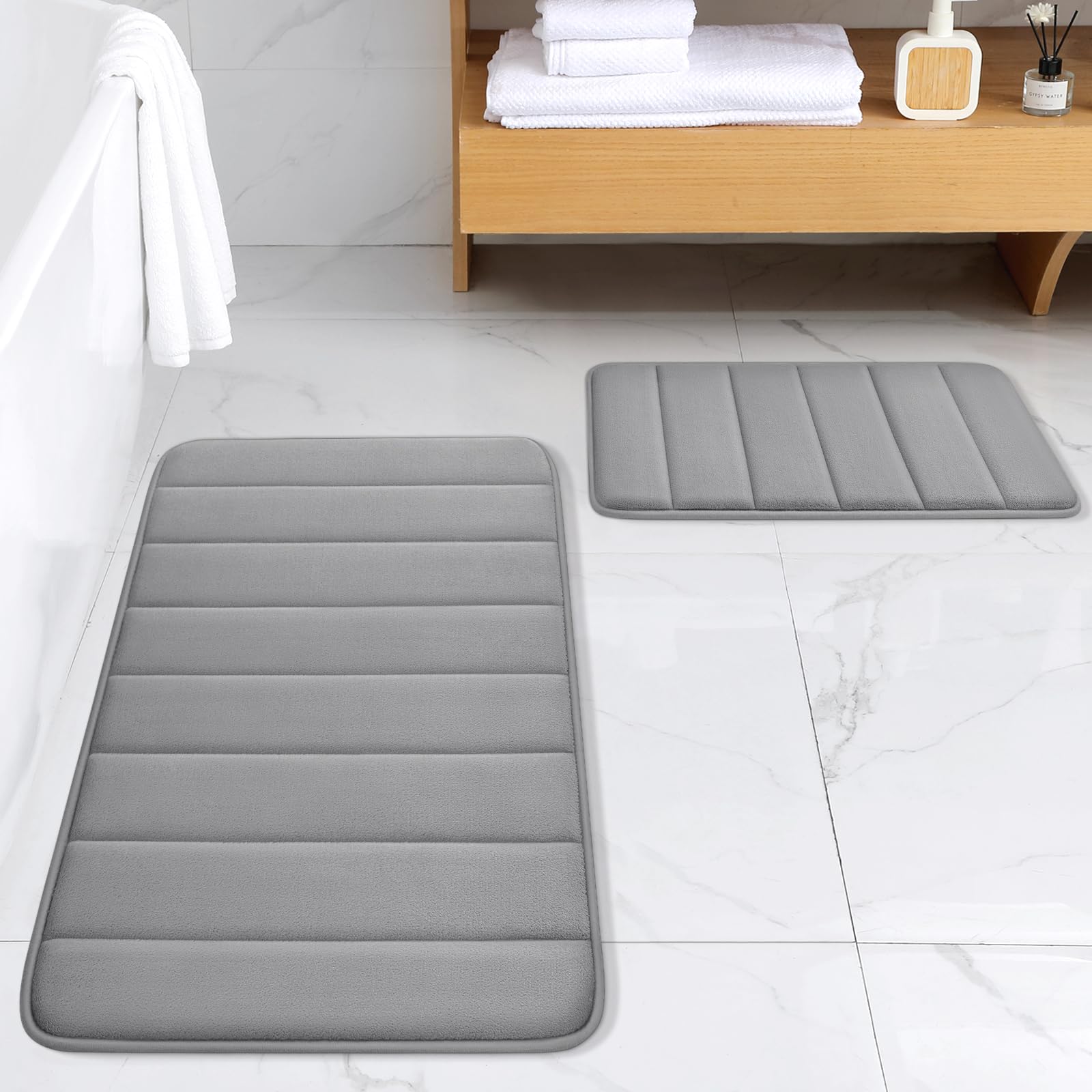 Bysure Bathroom Rugs Sets 2 Piece, Memory Foam Non Slip Extra Soft Absorbent Machine Washable Toilet Bath Mats (Grey, 17X24+20X3