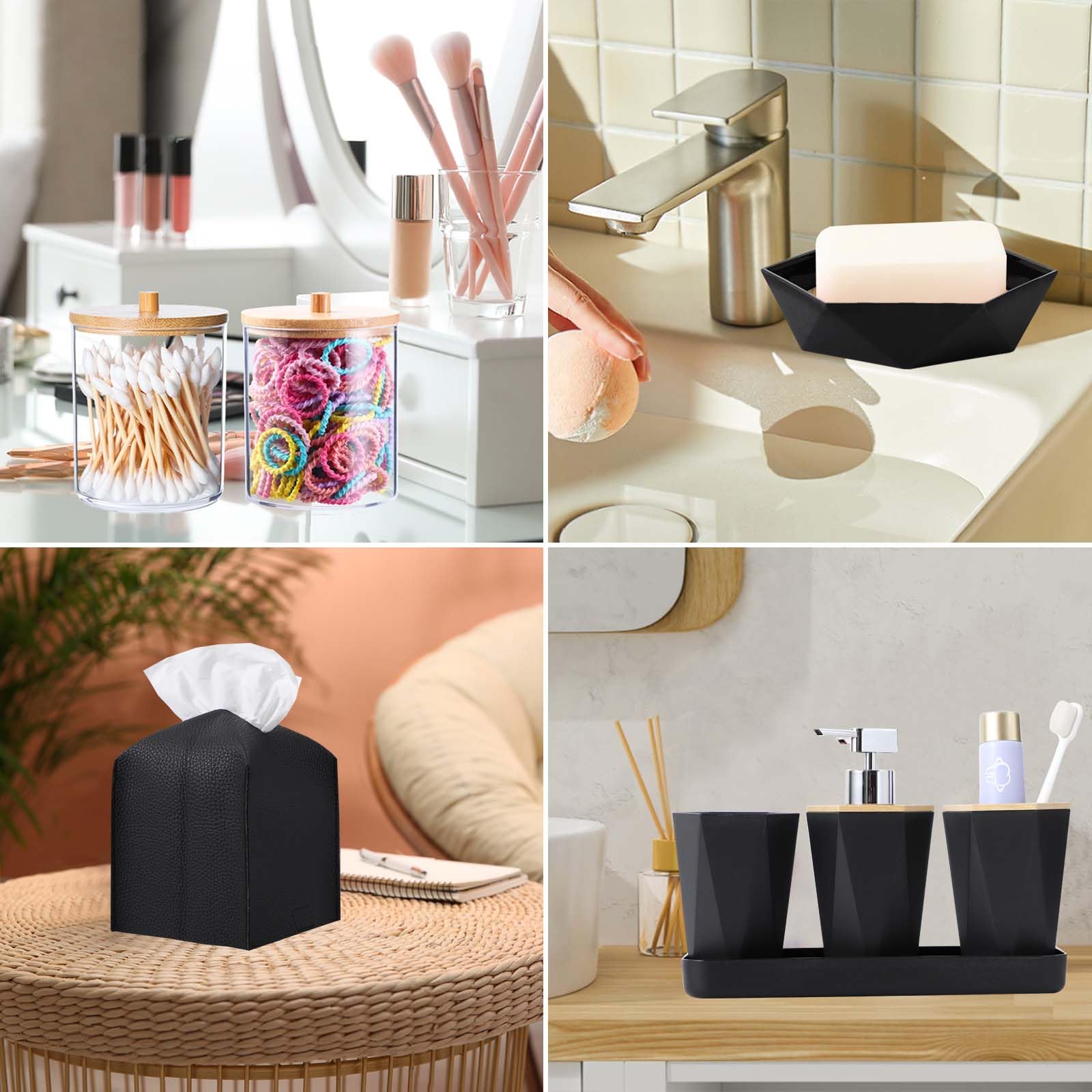 Black Bathroom Accessories Set 10Pcs Complete, Bamboo Lid Trash Can, Soap Dispenser, Soap Dish, Toilet Brush, Toothbrush Holder,