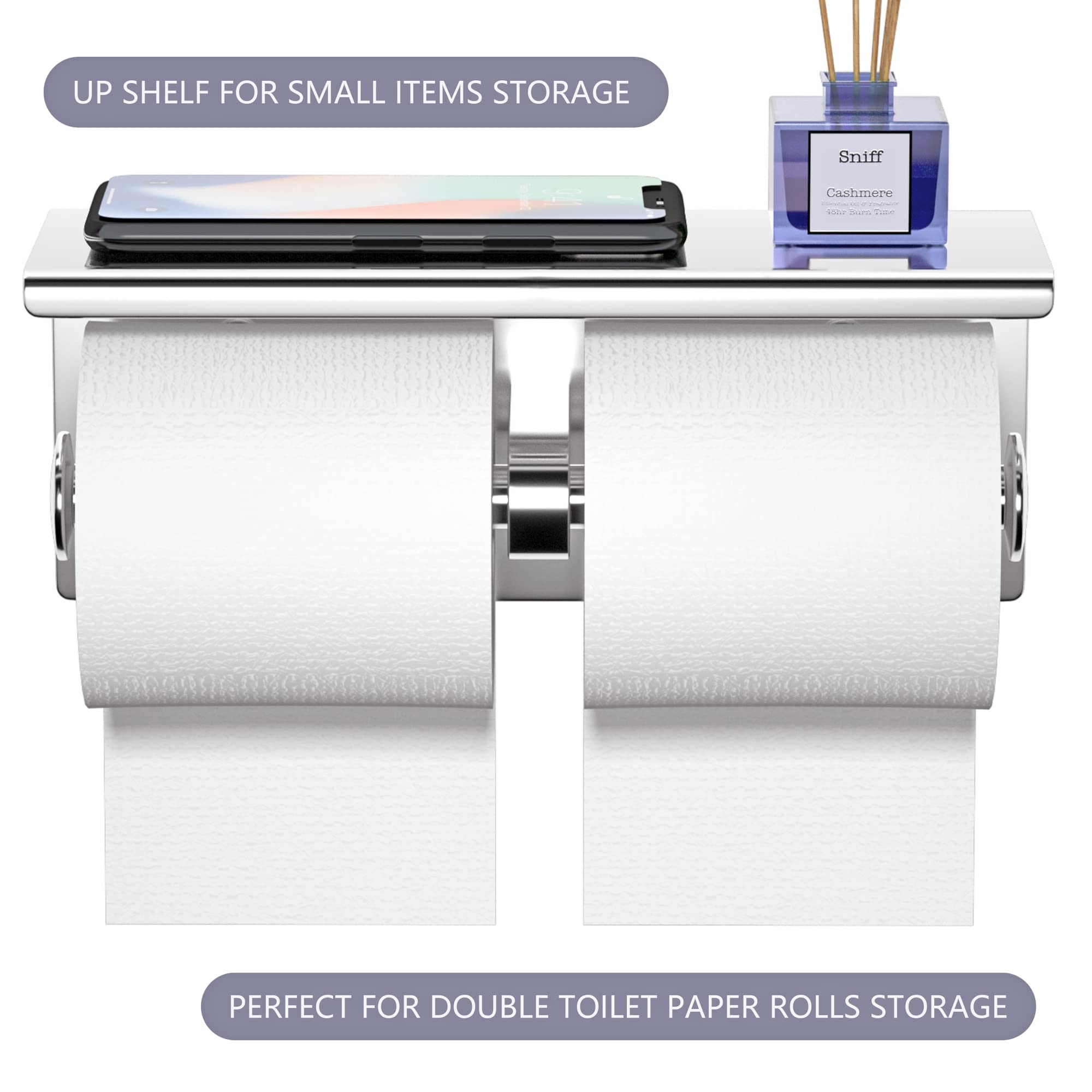 YEAVS Double Toilet Paper Holder-SUS 304 Stainless Steel Tissue Roll Rack with Phone Storage Shelf (Polished Chrome)
