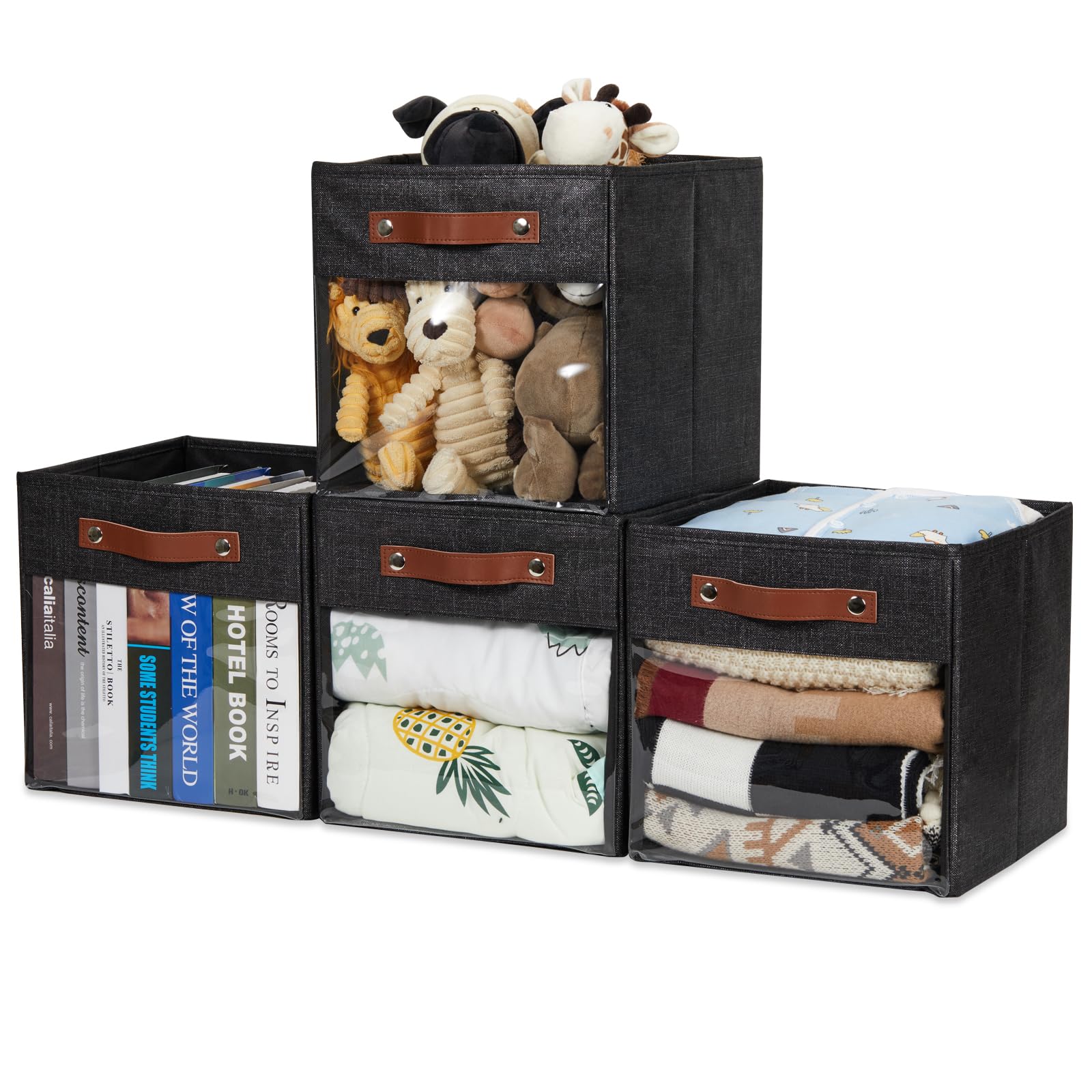 Hnzige Cube Storage Bins 11 X 11 With Clear Window,Foldable Fabric Storage Bin For Shelves, Canvas Cube Storage Bin For Organizi