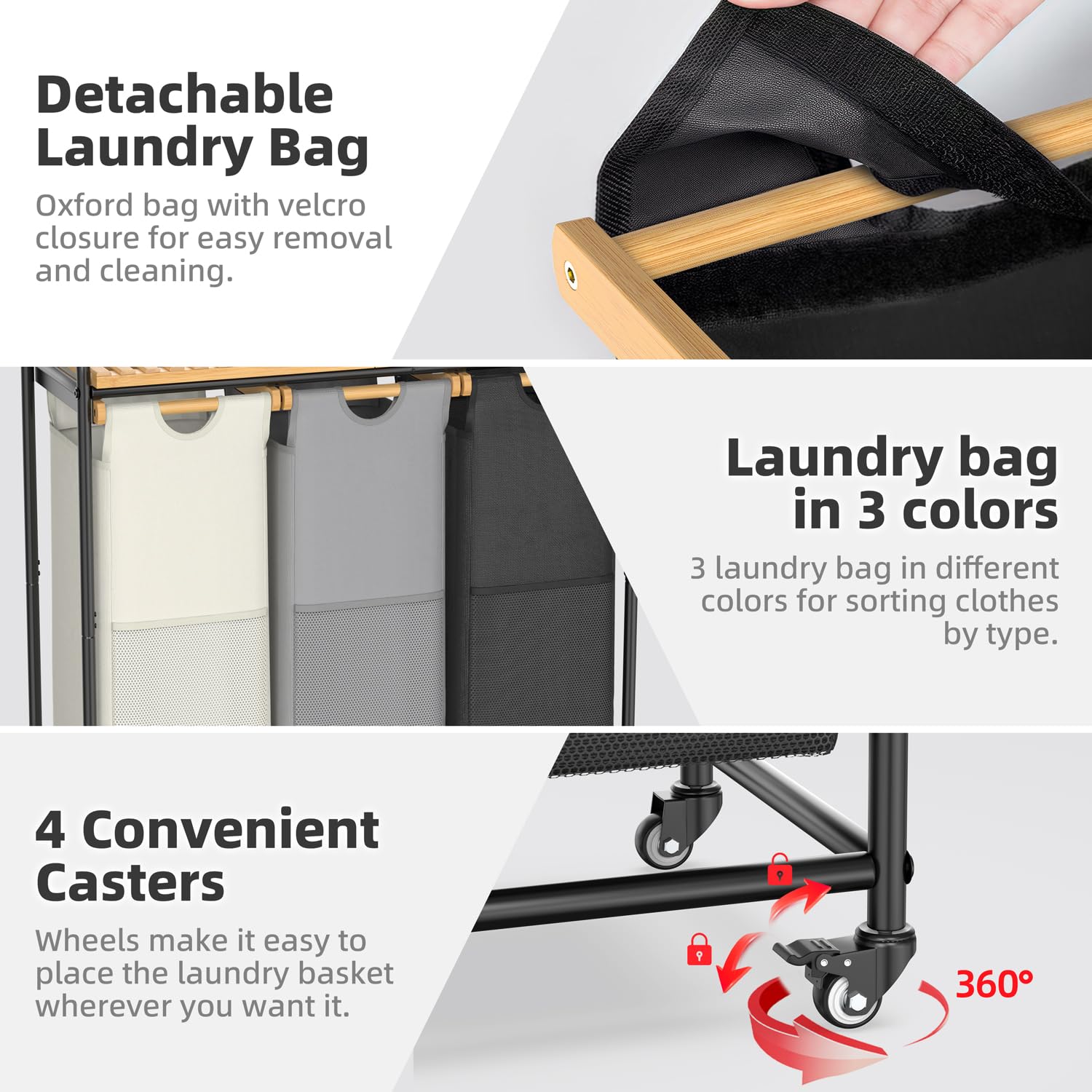 Laundry Hampers 3 Section, Laundry Sorter With Removable Shelf And Pull-Out Bags, Clothes Hampers With Wheels Rolling Cart Baske