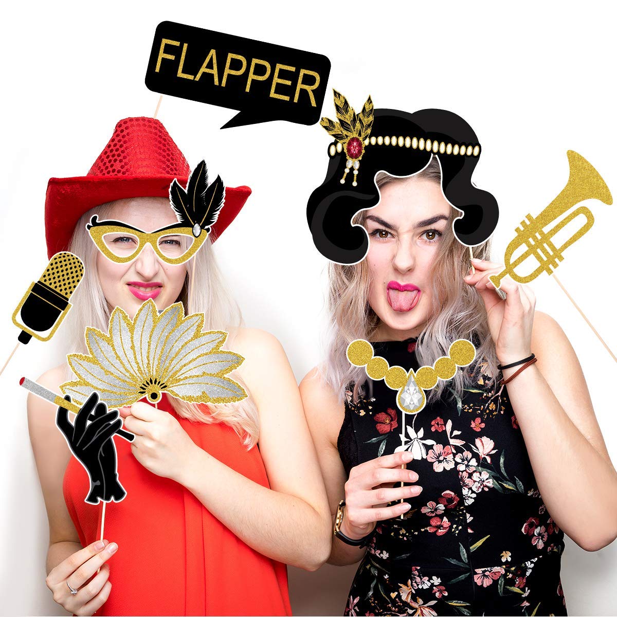 Tinksky 20pcs 1920s Photo Booth Props Roaring 20's Party Photo Props with Bamboo Sticks Creative Party Supplies Perfect 1920s Themed Birthday Wedding Hollywood Party Decoration Accessories