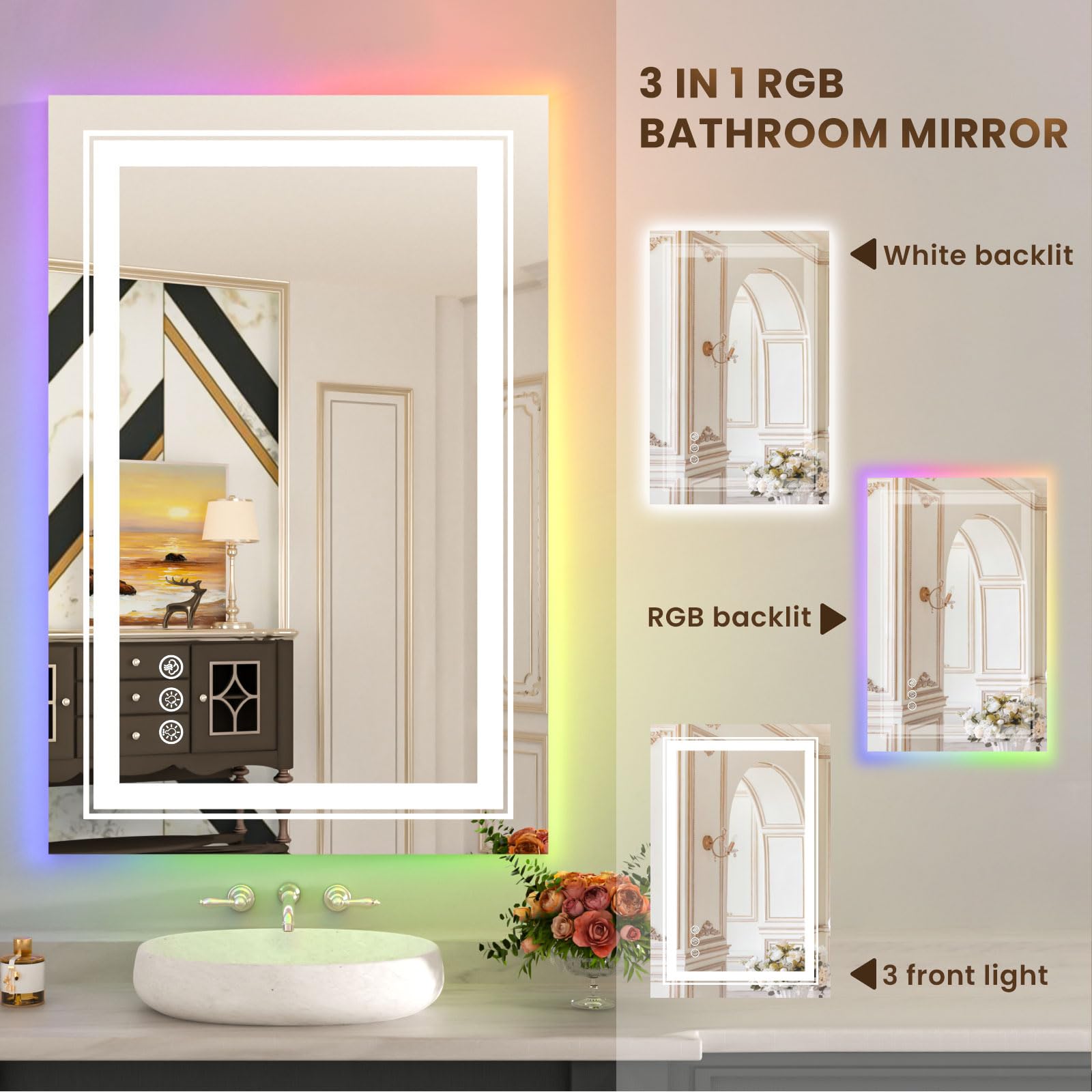 Wtty Led Bathroom Mirror 24''X32'' With Rgb Backlit And 3 Front Light,Stepless Dimmable Led Mirror For Bathroom,Lighted Bathroom